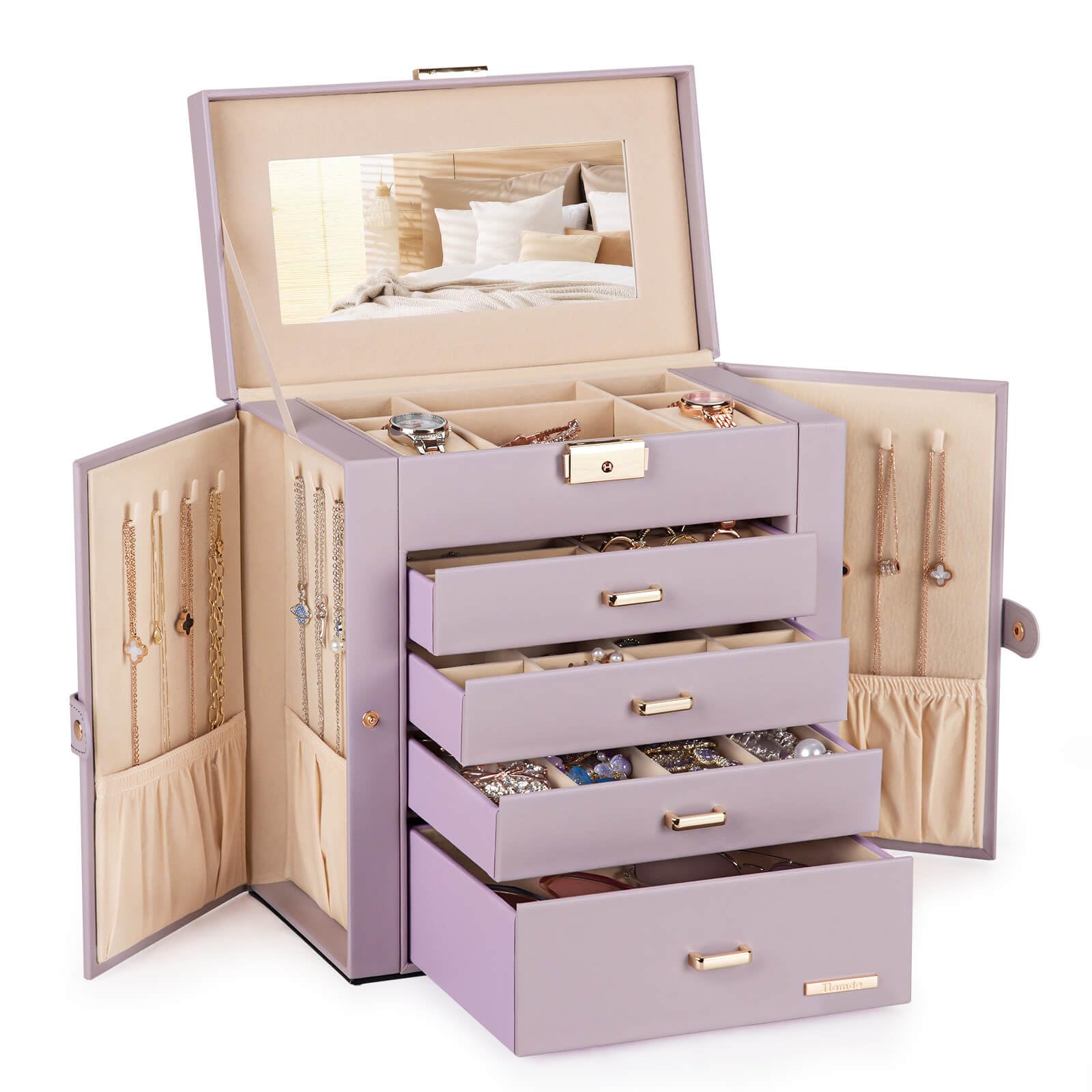 Homde Synthetic Leather Huge Jewelry Box Mirrored Watch Organizer Necklace Ring Earring Storage Lockable Gift Case (White + Gold)