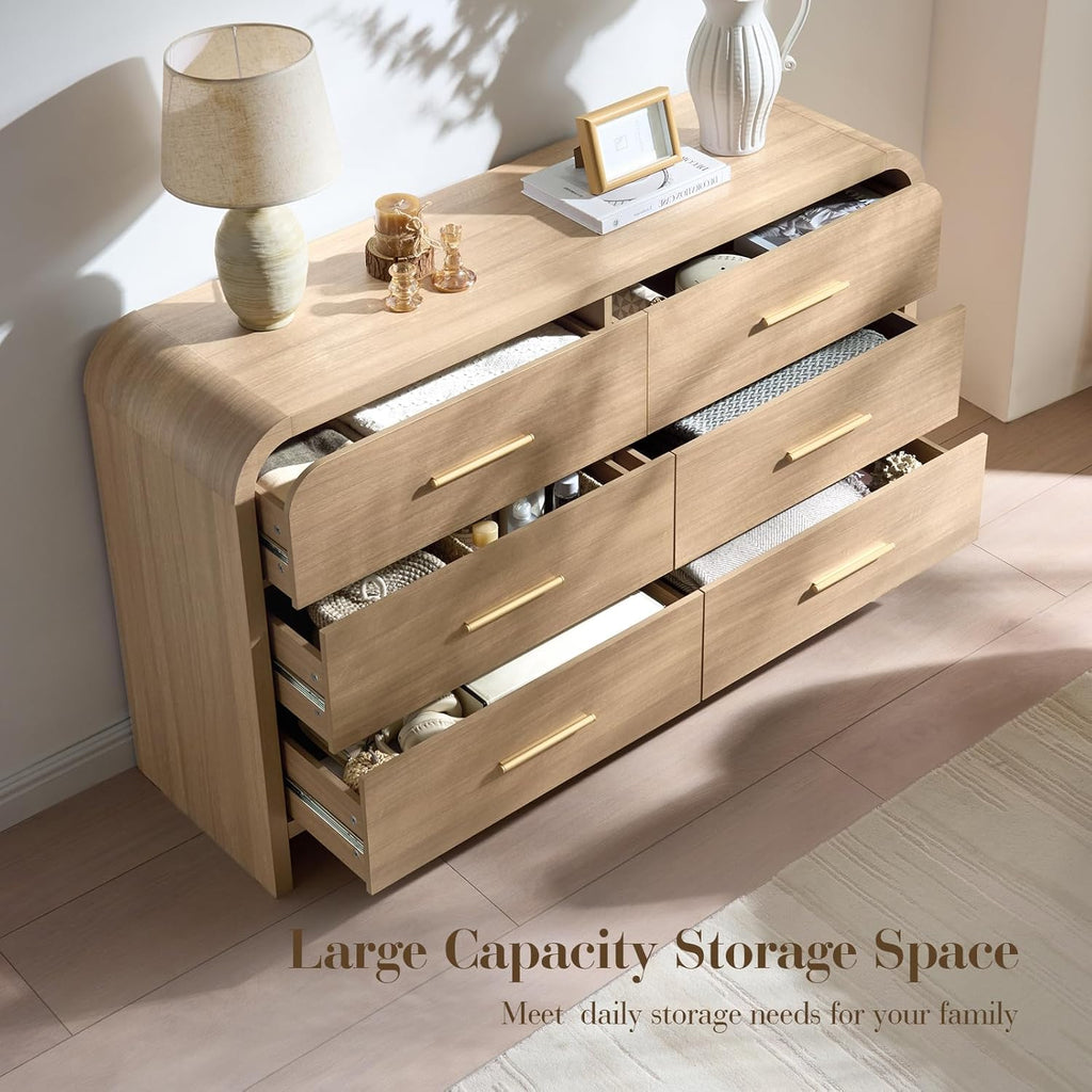 3-Piece Modern Bedroom Furniture Set, 6-Drawer& 1-Drawer Nightstands Set of 2, Unique Curved Design Wooden Dresser and Nightstand Sets for Bedroom, Hallway, Oak