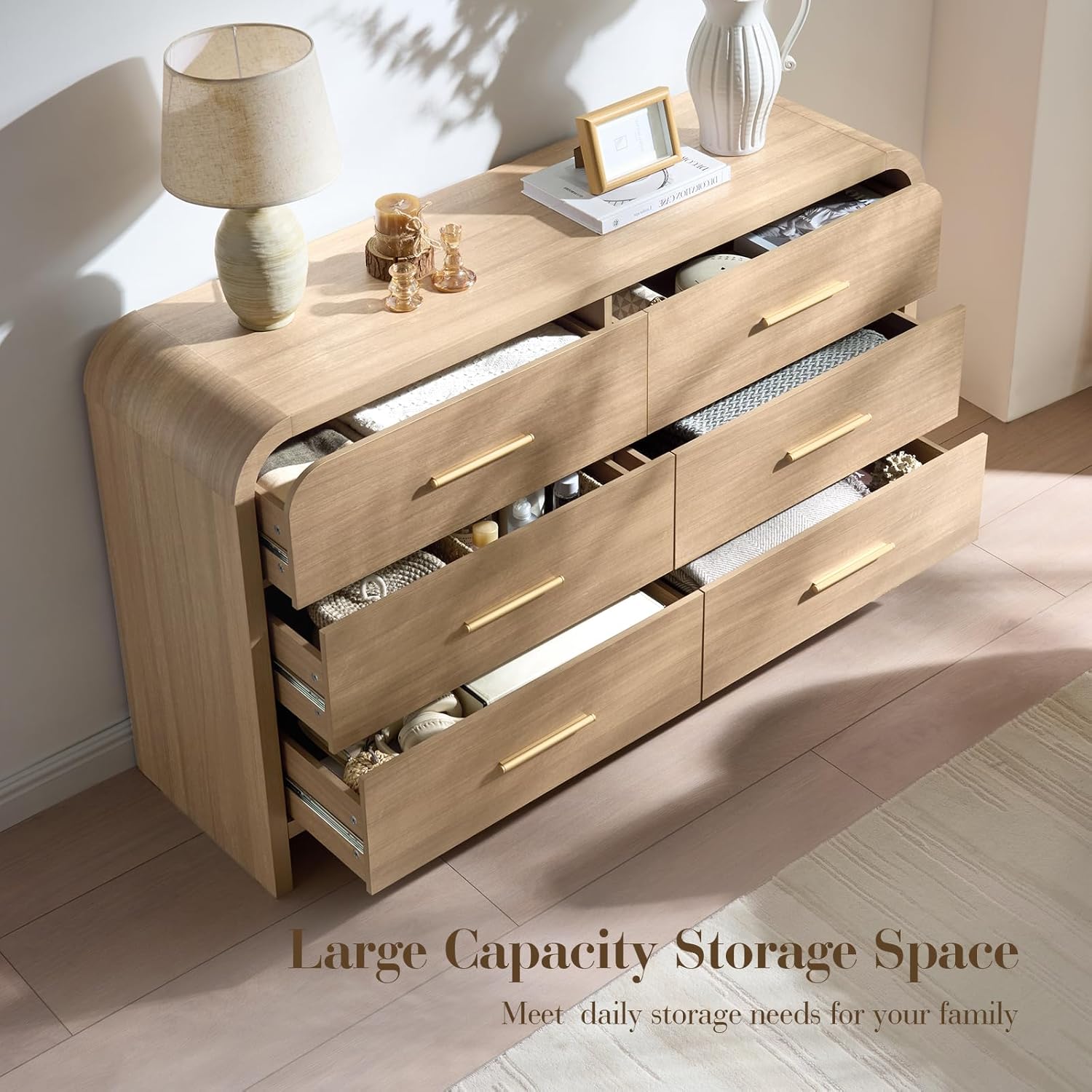3-Piece Modern Bedroom Furniture Set, 6-Drawer& 1-Drawer Nightstands Set of 2, Unique Curved Design Wooden Dresser and Nightstand Sets for Bedroom, Hallway, Oak