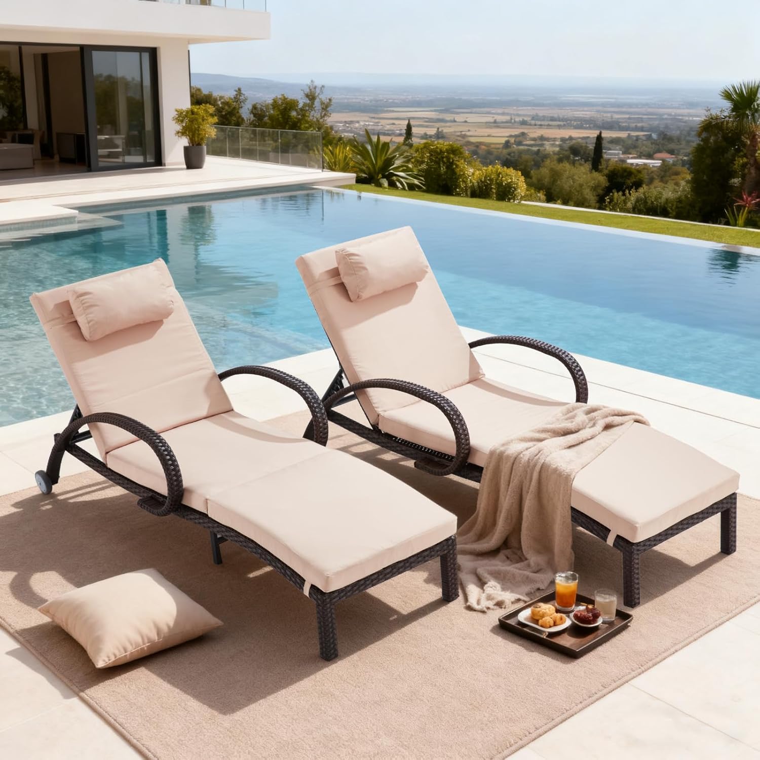 Pool Outdoor Lounge Chairs Set of 2,Outdoor Chaise Lounge w/ 5 Adjustable Back,Wicker Patio Pool Lounge Chair with Wheels for Poolside Deck Lawn,Khaki