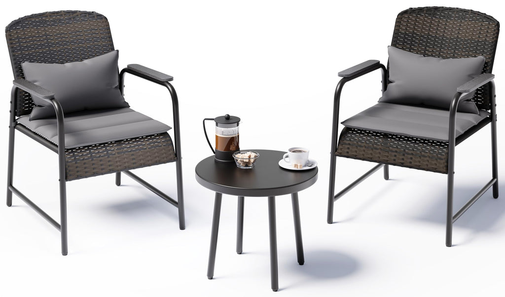 Jing's Villa 3-Piece Outdoor Bistro Set with Side Table, Ergonomic Armchairs with Lumbar Support & Breathable Mesh Seat, All-Weather Wicker Outdoor Furniture for Backyard, Porch, Balcony,Beige