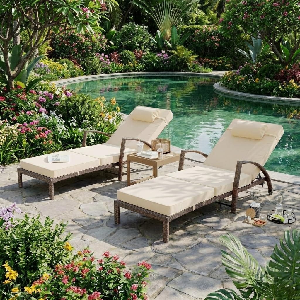 Garvee Outdoor Chaise Lounge Set of 2, 5-Position Adjustable PE Wicker Reclining Chairs with Wheels & 3.5" Cushions, 400 lbs Capacity All-Weather Patio Furniture for Poolside, Garden, Beach(Beige)
