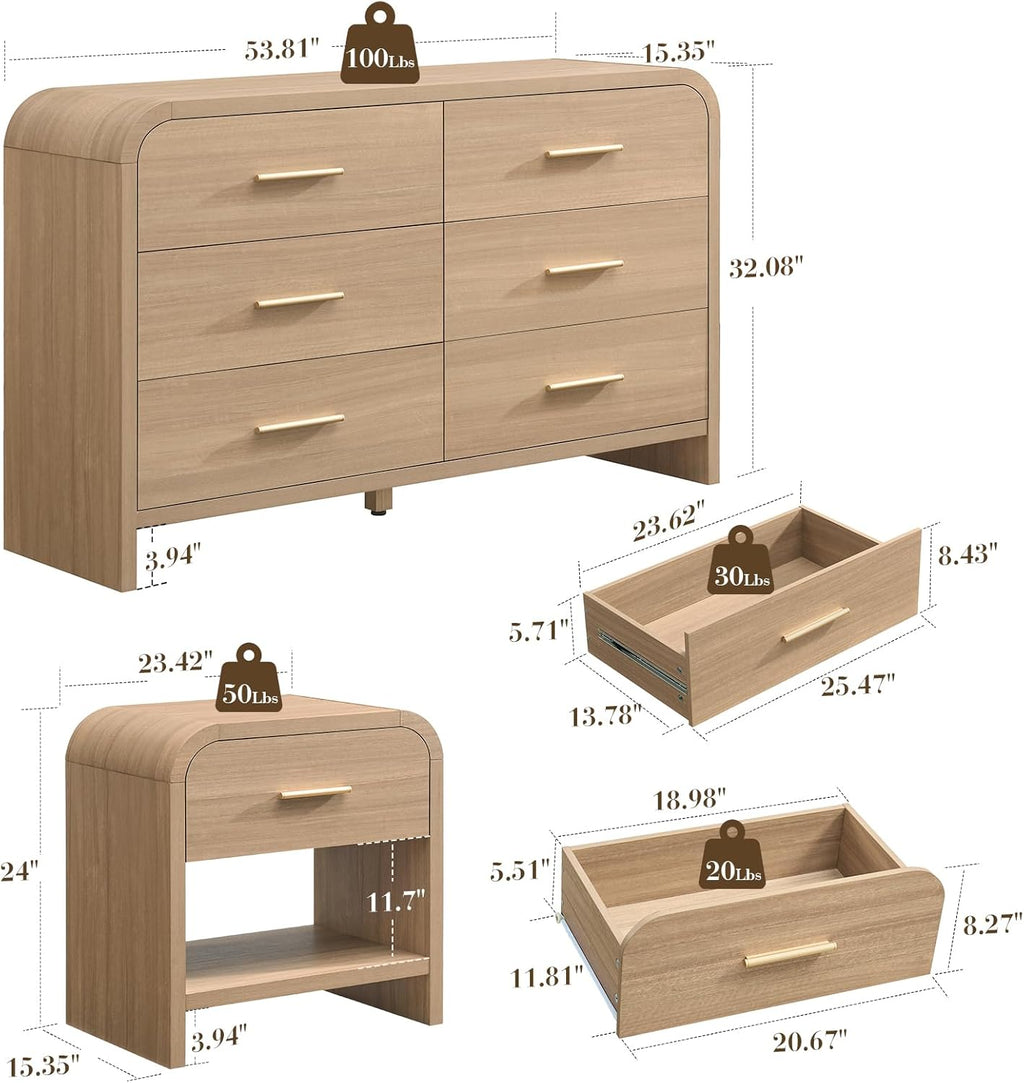 3-Piece Modern Bedroom Furniture Set, 6-Drawer& 1-Drawer Nightstands Set of 2, Unique Curved Design Wooden Dresser and Nightstand Sets for Bedroom, Hallway, Oak