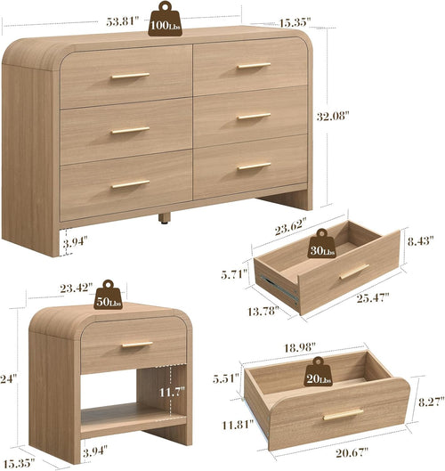 3-Piece Modern Bedroom Furniture Set, 6-Drawer& 1-Drawer Nightstands Set of 2, Unique Curved Design Wooden Dresser and Nightstand Sets for Bedroom, Hallway, Oak