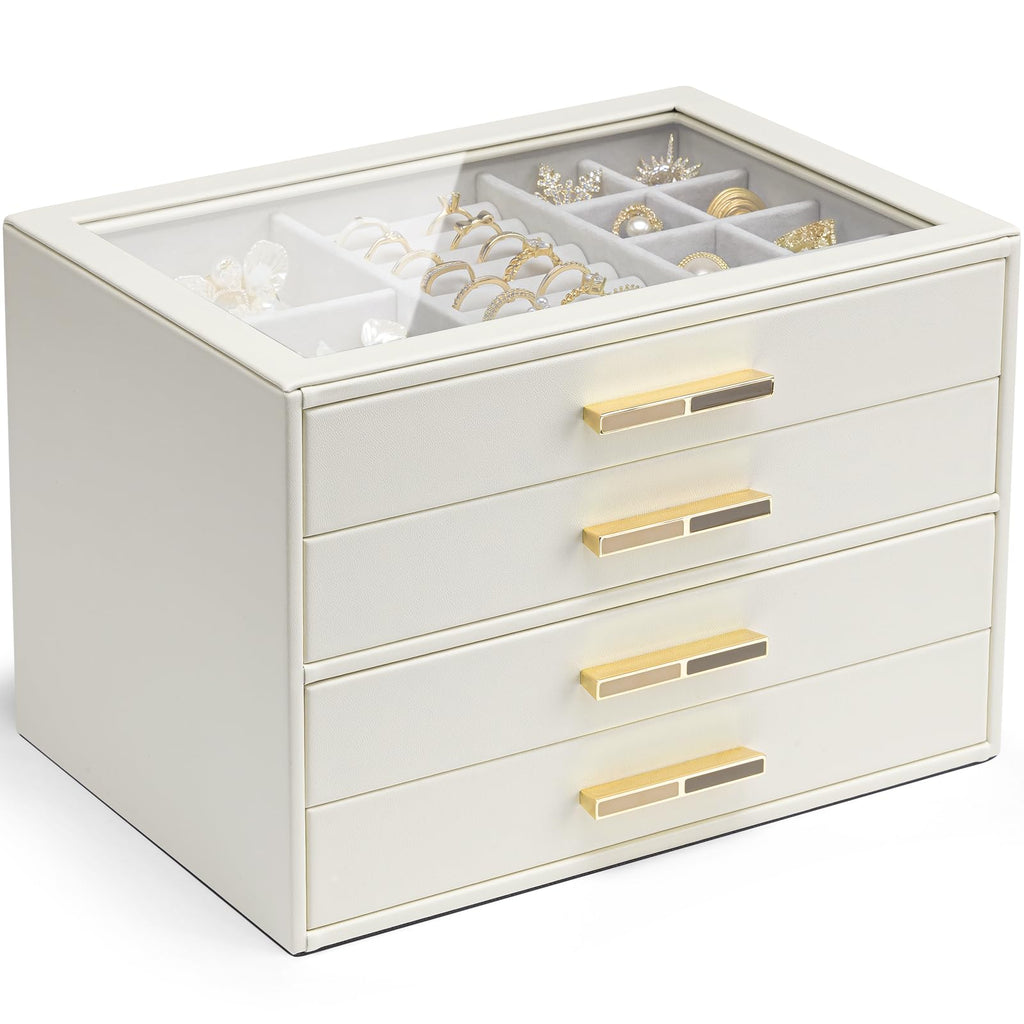 VLANDO 4 Layer Jewelry Box for Women, Glass Lid Jewelry Organizer with 4 Drawers for Necklaces Rings Earrings Bracelets - Cloud White