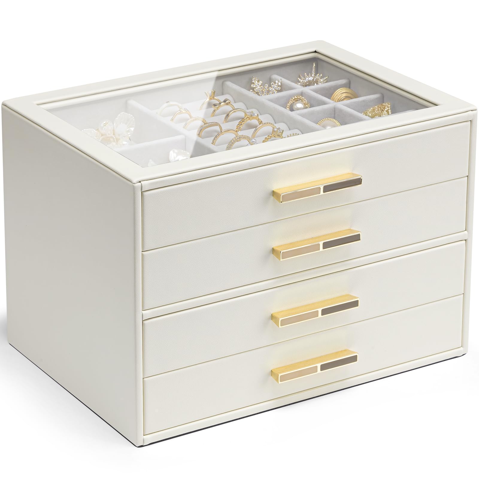 VLANDO 4 Layer Jewelry Box for Women, Glass Lid Jewelry Organizer with 4 Drawers for Necklaces Rings Earrings Bracelets - Cloud White