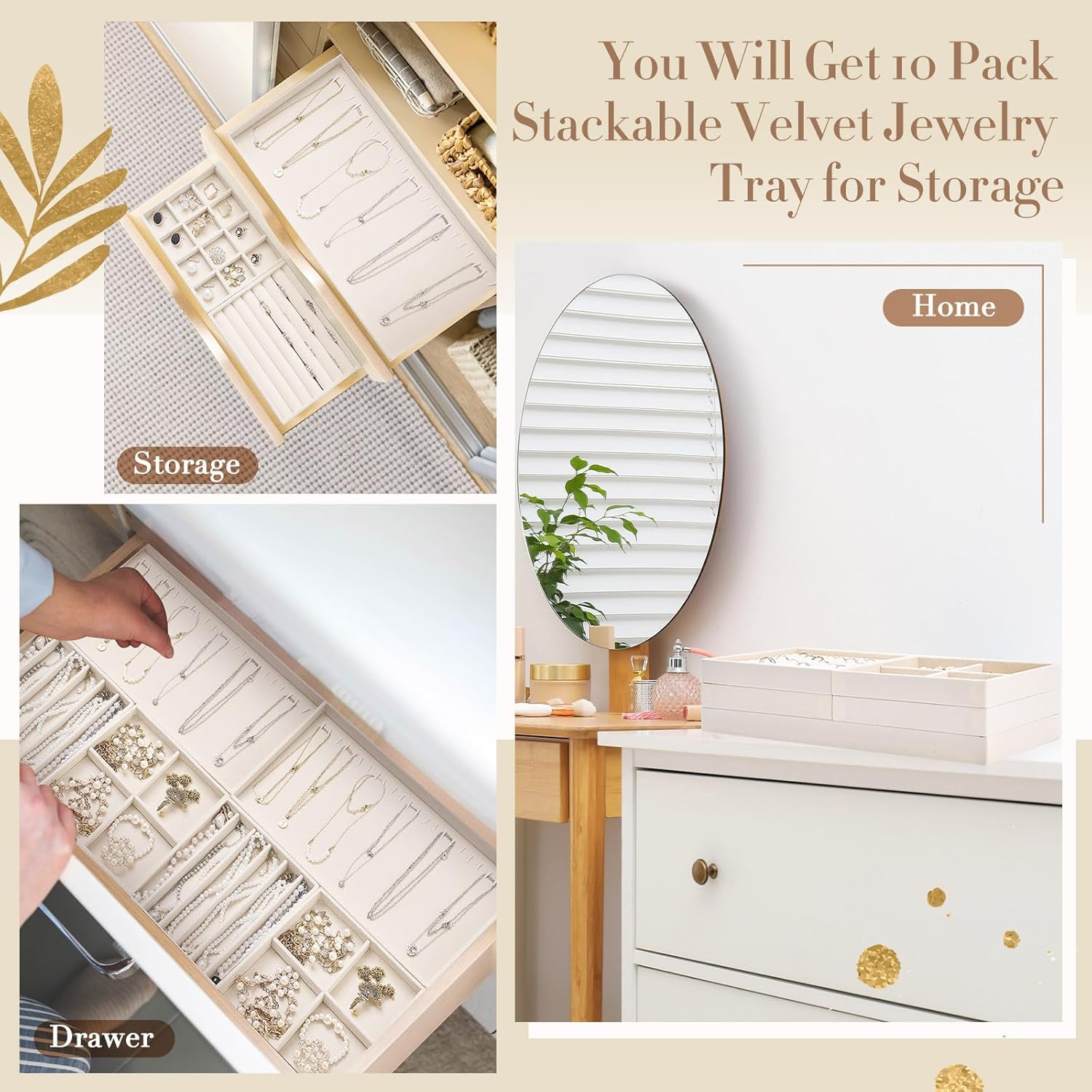 10 Pack 14 Inch Beige Velvet Stackable Jewelry Drawer Trays with Removable Dividers for Earrings Rings Necklaces Watches