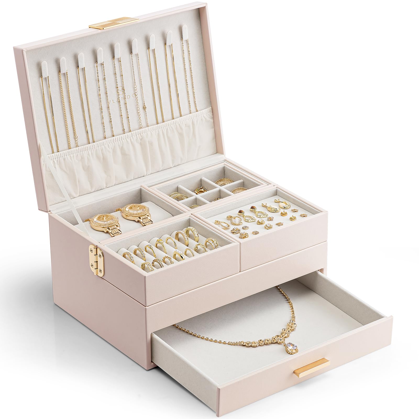 VLANDO 3 Layer Jewelry Box - Women Jewelry Box with Retractable Tray - Jewelry Organizers with Drawer for Necklaces, Rings, Bracelets, Earrings, Valentines Gift for Mom Girls - Cloud White