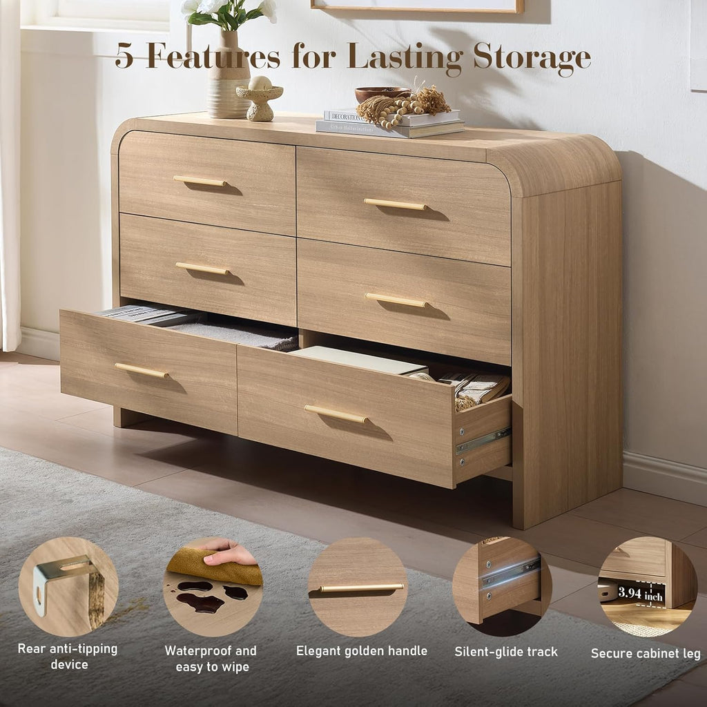 3-Piece Modern Bedroom Furniture Set, 6-Drawer& 1-Drawer Nightstands Set of 2, Unique Curved Design Wooden Dresser and Nightstand Sets for Bedroom, Hallway, Oak