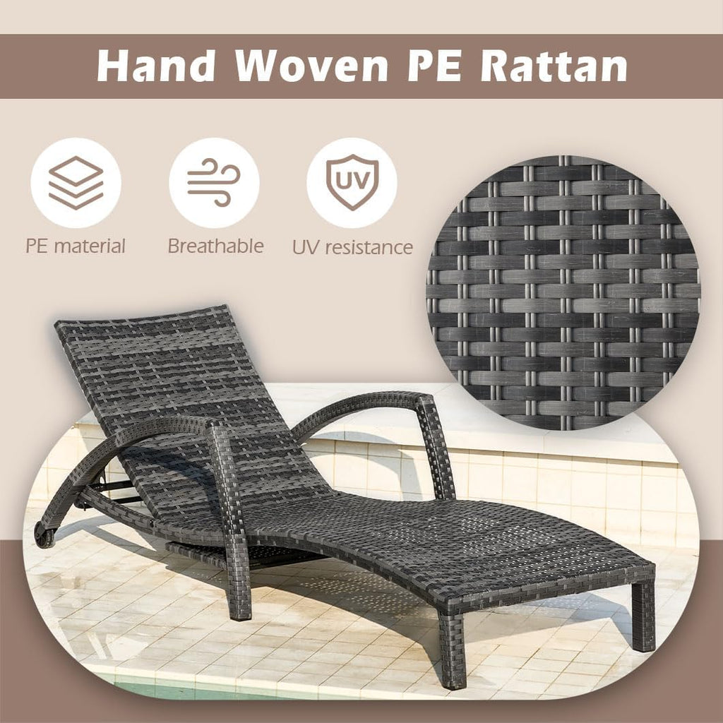 Chaise Lounge Chairs Outdoor Set of 2, Comfy Outside Wicker Patio Pool Lounge Chair w/ 5 Adjustable Back Angle, Cup Holder, Thicken Cushion