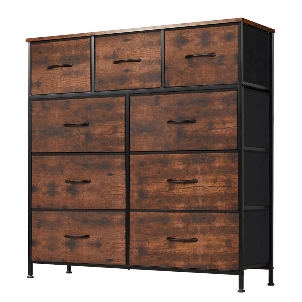 DUMOS Dresser for Bedroom, Storage Organizer with 9 Drawers, Chest of Drawers with Fabric Bins, Sturdy Metal Frame, Wood Tabletop for Guest Room, Closet, Entryway, White