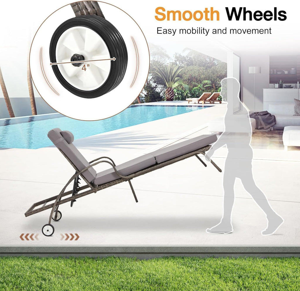 HOMREST Pool Lounge Chairs Set of 3, Outdoor Wicker Chaise with 5 Adjustable Backrest & Flexible Wheels, Patio Lounge Chair with Thicken Cushion for Garden and Poolside, Gray