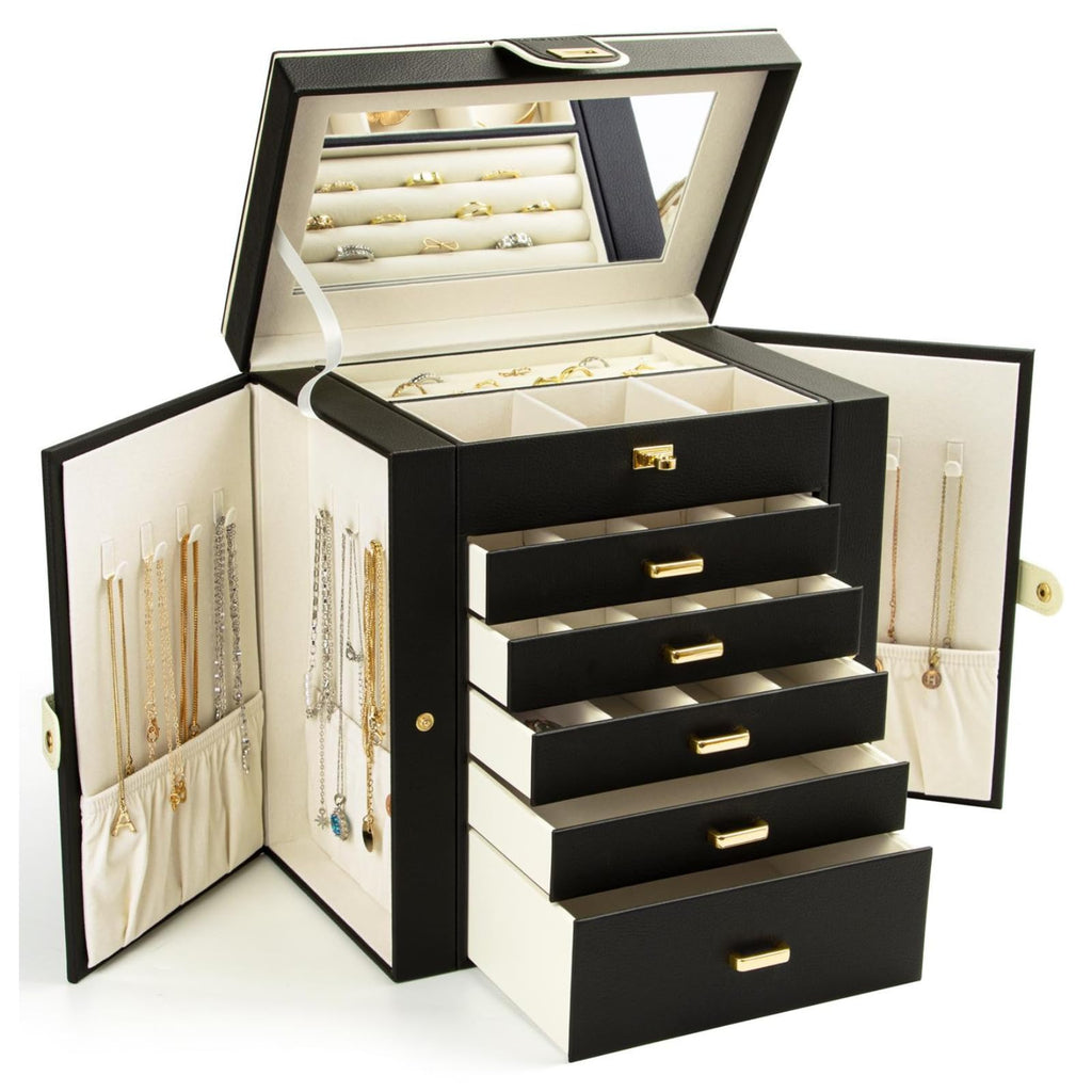 KAMIER Jewelry Box for Women, 6-Layer Large Jewelry Holder Organizer Box with Mirror & 5 Drawers for Rings, Earrings, Necklaces, Bracelets,White