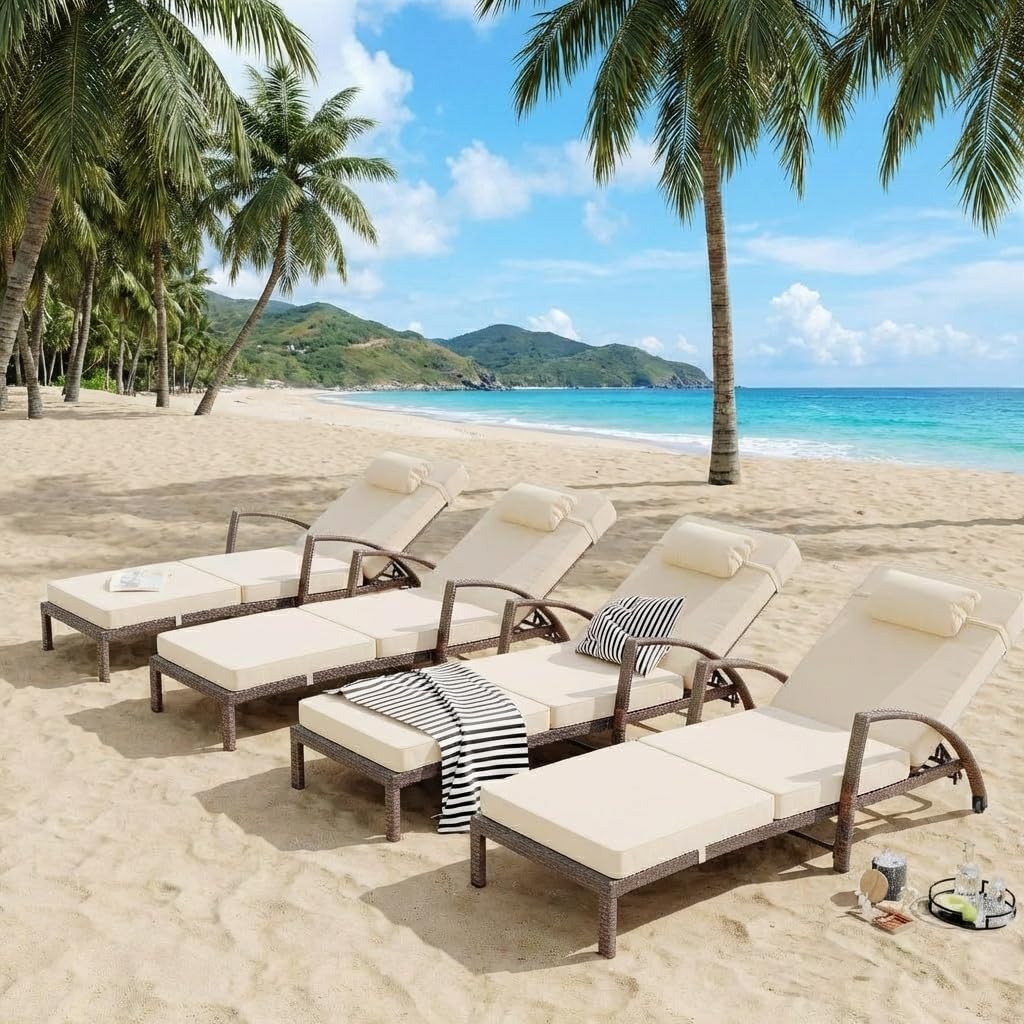 Garvee Outdoor Chaise Lounge Set of 2, 5-Position Adjustable PE Wicker Reclining Chairs with Wheels & 3.5" Cushions, 400 lbs Capacity All-Weather Patio Furniture for Poolside, Garden, Beach(Beige)