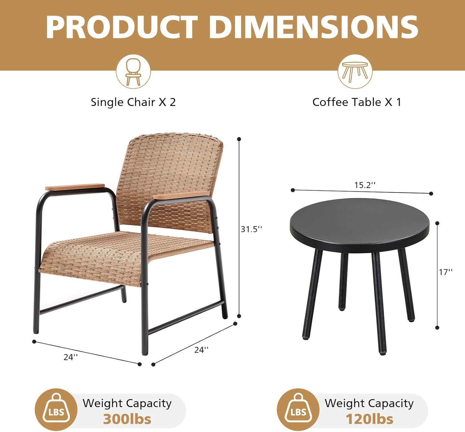 Jing's Villa 3-Piece Outdoor Bistro Set with Side Table, Ergonomic Armchairs with Lumbar Support & Breathable Mesh Seat, All-Weather Wicker Outdoor Furniture for Backyard, Porch, Balcony,Beige