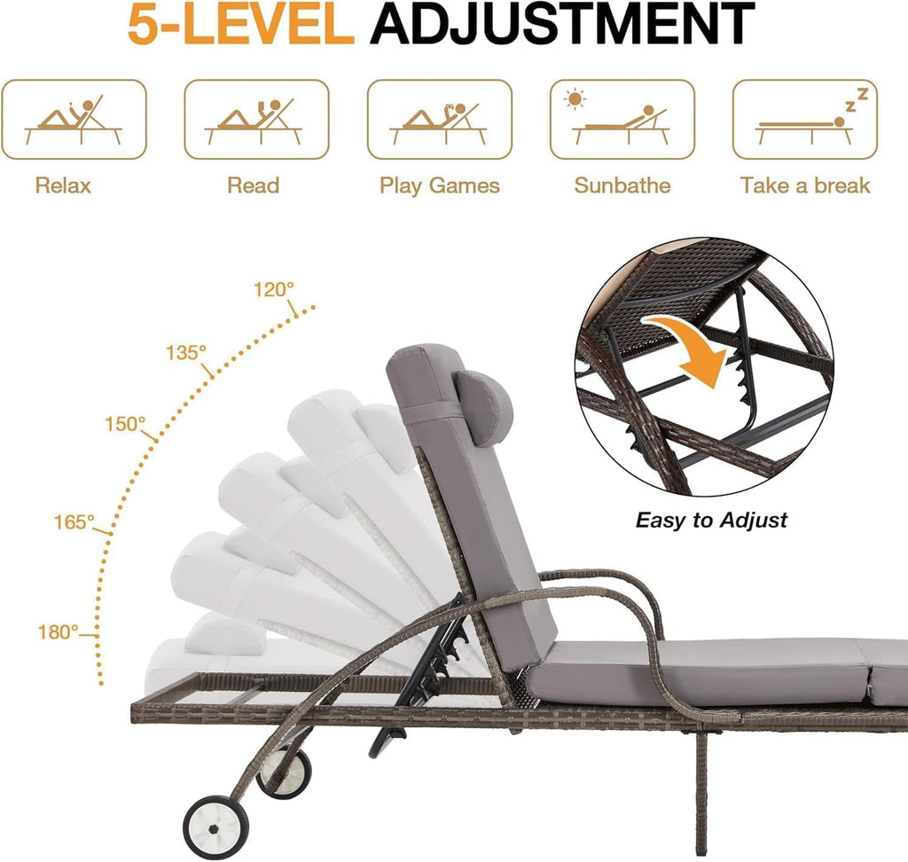 HOMREST Pool Lounge Chairs Set of 3, Outdoor Wicker Chaise with 5 Adjustable Backrest & Flexible Wheels, Patio Lounge Chair with Thicken Cushion for Garden and Poolside, Gray