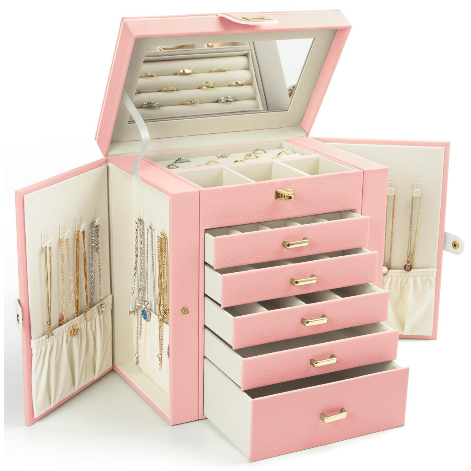KAMIER Jewelry Box for Women, 6-Layer Large Jewelry Holder Organizer Box with Mirror & 5 Drawers for Rings, Earrings, Necklaces, Bracelets,White