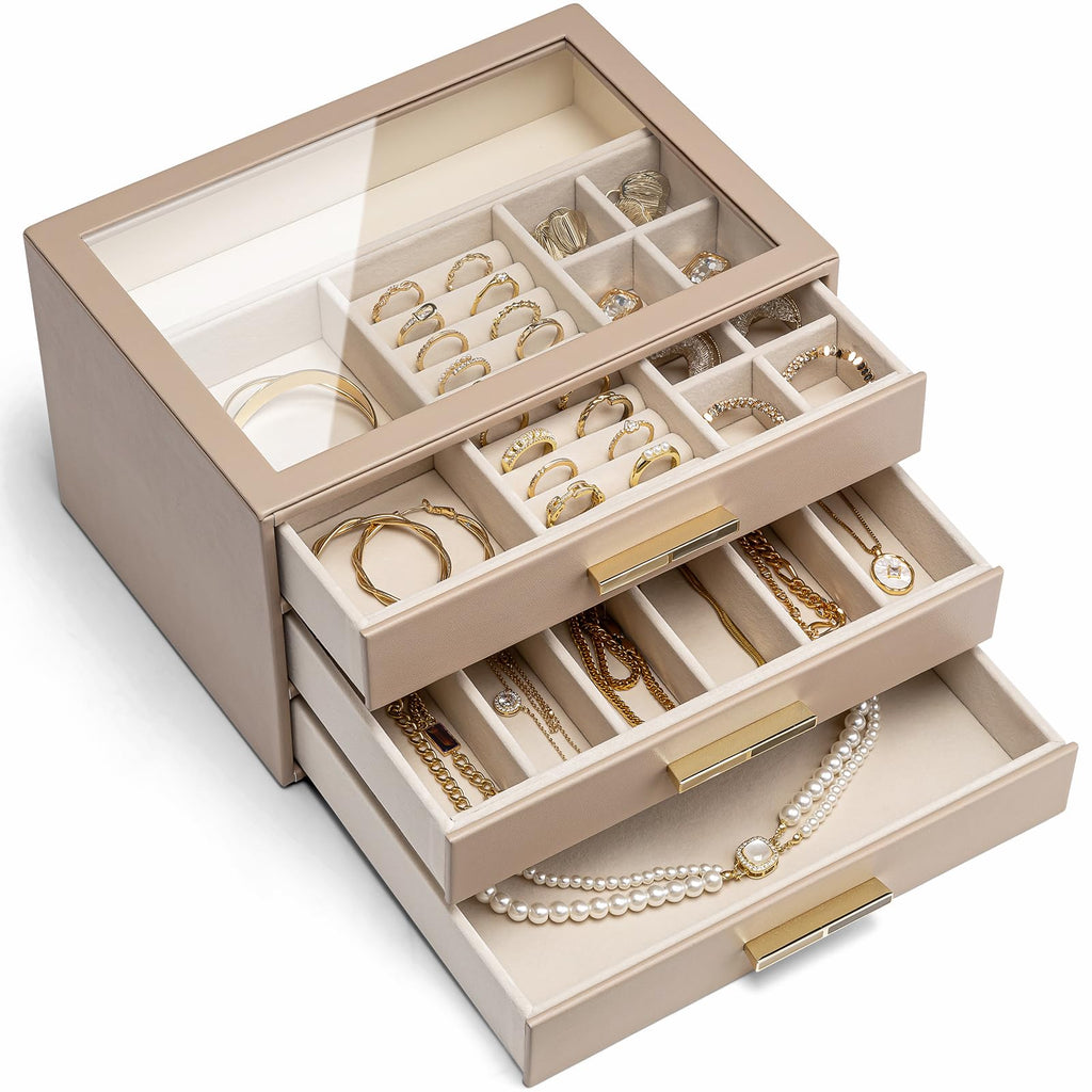 VLANDO 4 Layer Jewelry Box for Women, Glass Lid Jewelry Organizer with 4 Drawers for Necklaces Rings Earrings Bracelets - Cloud White