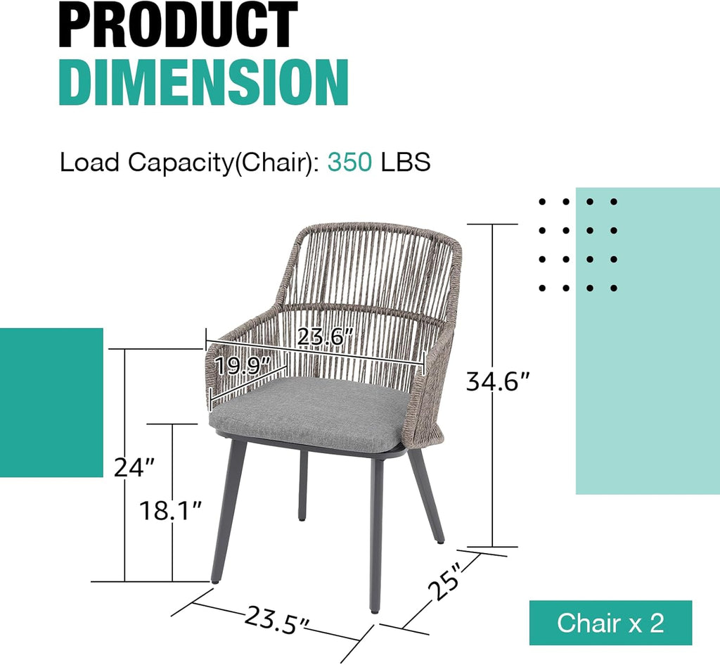 Patiorama Patio Dining Chairs Set of 2, Woven Rope Outdoor Dining Chairs w/Steel Frame, All-Weather Twisted Wicker Rattan Chairs with Armrest & Cushion for Indoor Garden Lawn Backyard(Dark Grey)