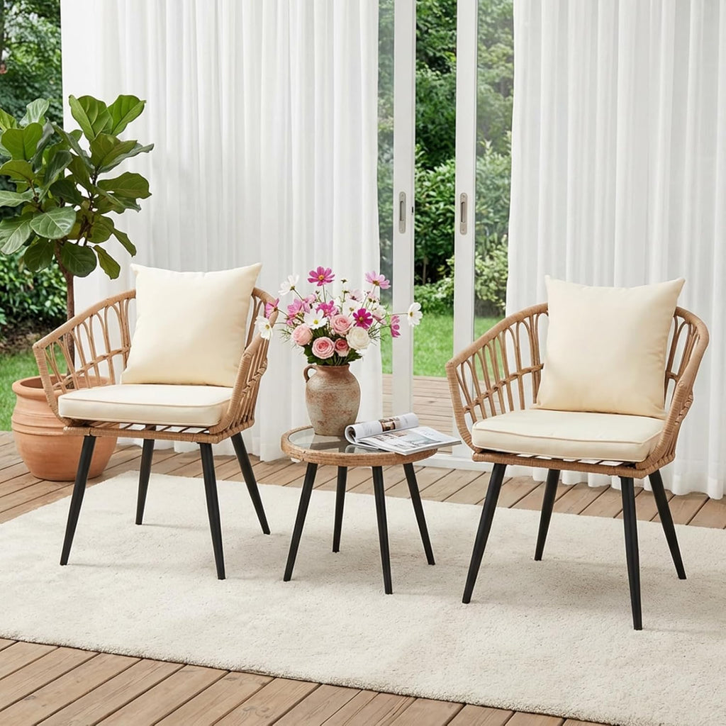 3Pcs Beige All-Weather Wicker Outdoor Bistro Set Patio Table & Chairs for Backyard Deck Poolside