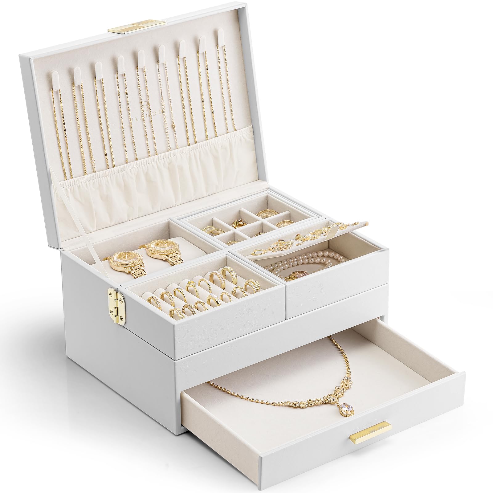 VLANDO 3 Layer Jewelry Box - Women Jewelry Box with Retractable Tray - Jewelry Organizers with Drawer for Necklaces, Rings, Bracelets, Earrings, Valentines Gift for Mom Girls - Cloud White