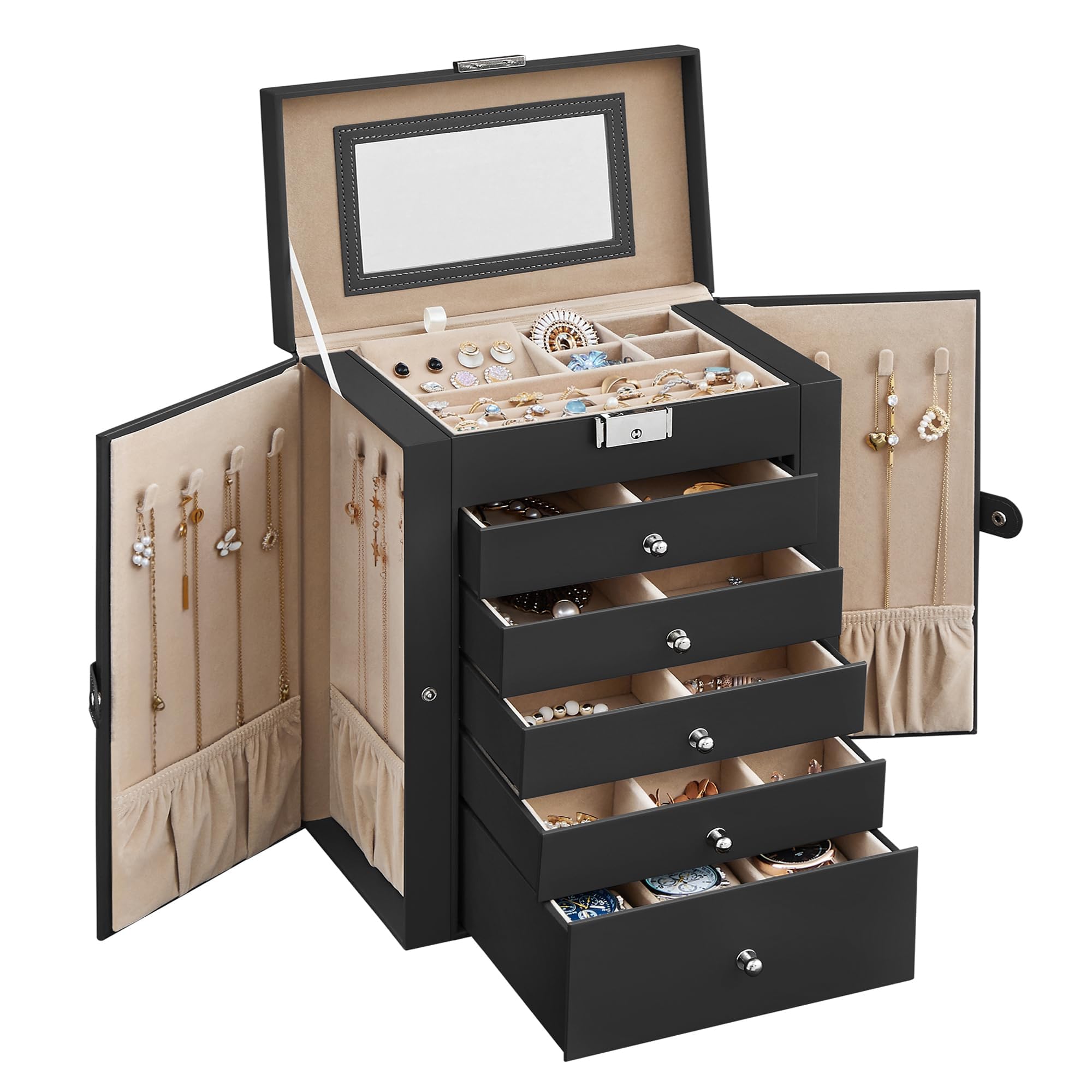 SONGMICS 6-Layer Jewelry Box Organizer with 5 Drawers, Jewelry Storage Case with Lock and Mirror, Large Storage Capacity, Gift for Loved Ones, for Necklaces, Watches, White UJBC152W01