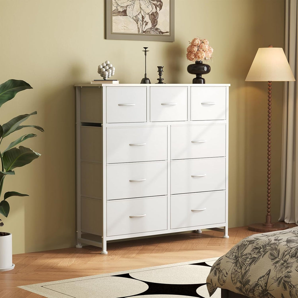 DUMOS Dresser for Bedroom, Storage Organizer with 9 Drawers, Chest of Drawers with Fabric Bins, Sturdy Metal Frame, Wood Tabletop for Guest Room, Closet, Entryway, White