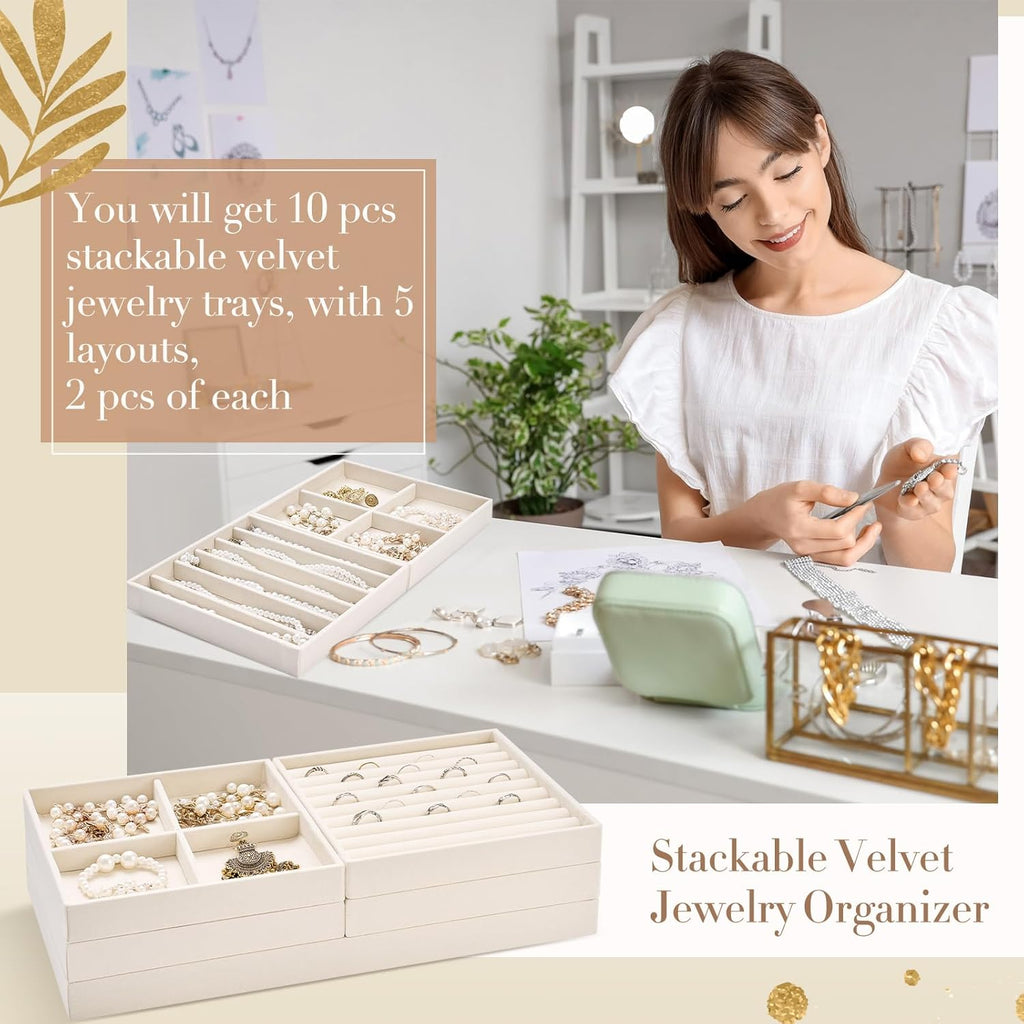 10 Pack 14 Inch Beige Velvet Stackable Jewelry Drawer Trays with Removable Dividers for Earrings Rings Necklaces Watches