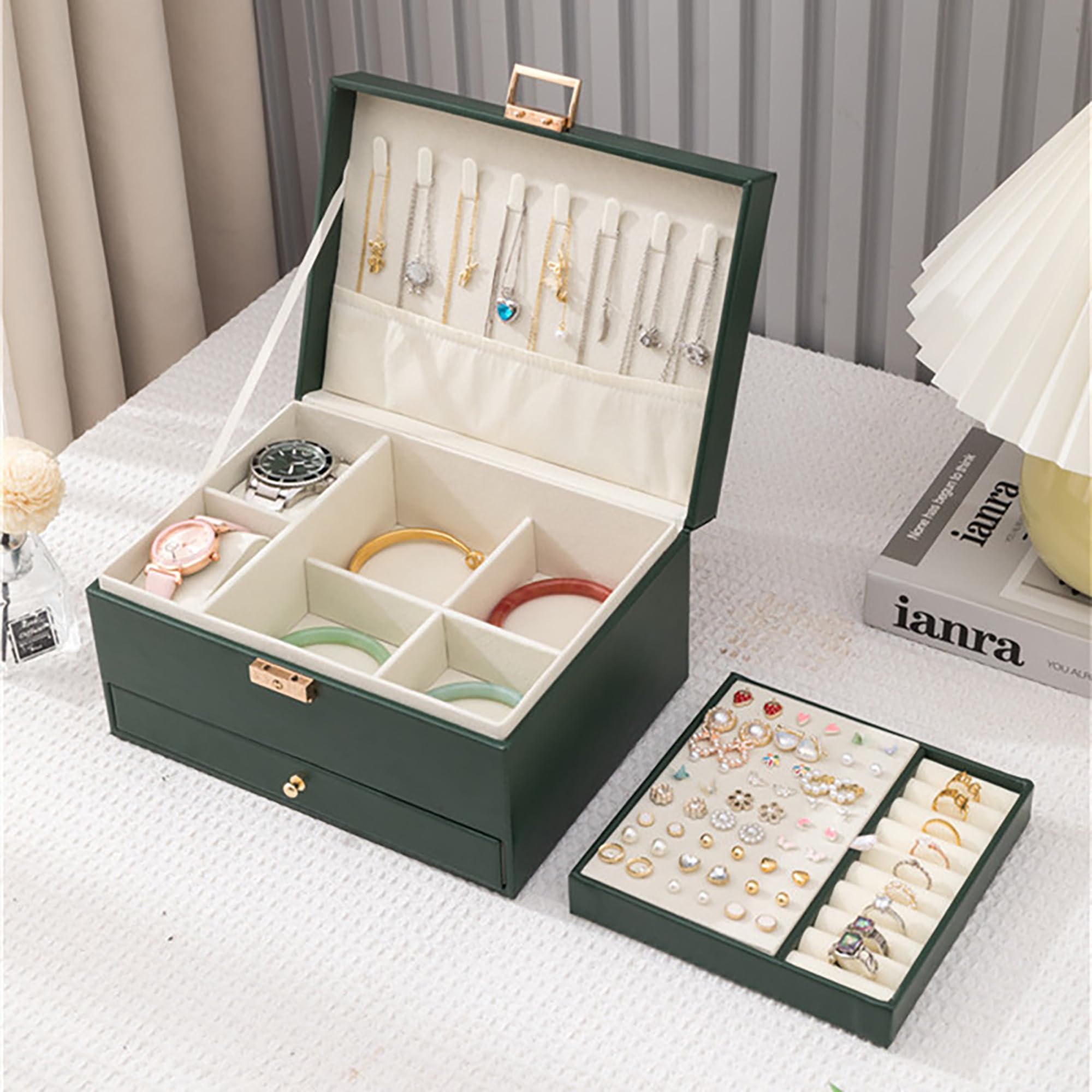 Jewelry Organizer Box, Jewelry Box Organizers for Women Girls, 3 Layers Large Leather Jewels Storage Case for Earring, Rings, Necklaces Bracelets, Big and Small Jewellery, Watch, Gift (OliveGreen)