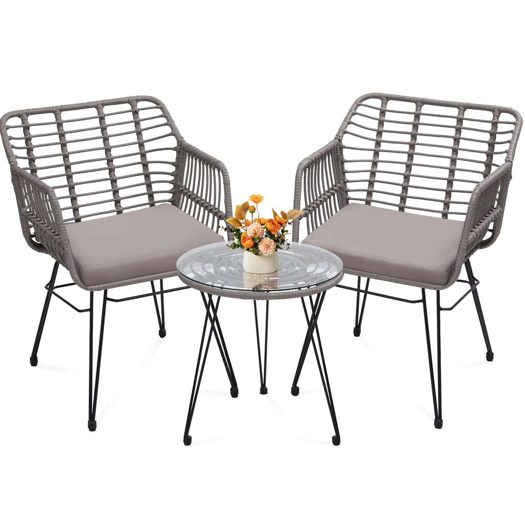 KROFEM 5 Piece Wicker Bistro Patio Conversation Furniture Set, Includes 2 Chairs, 2 Ottomans, and Side Table, Ideal for Porch, Balcony, Deck, Backyard, Natural