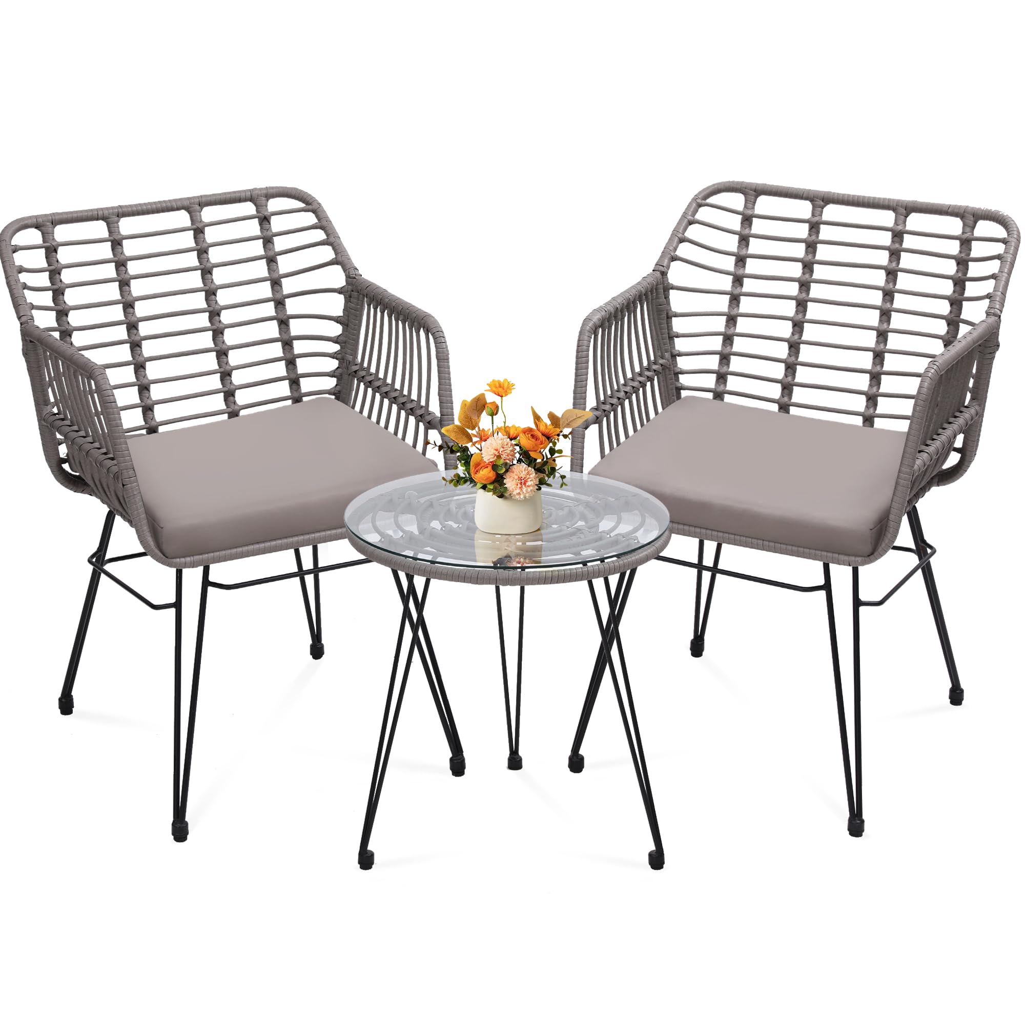 KROFEM 5 Piece Wicker Bistro Patio Conversation Furniture Set, Includes 2 Chairs, 2 Ottomans, and Side Table, Ideal for Porch, Balcony, Deck, Backyard, Natural