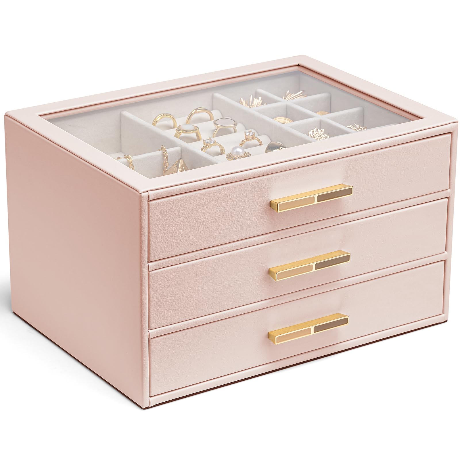 VLANDO 4 Layer Jewelry Box for Women, Glass Lid Jewelry Organizer with 4 Drawers for Necklaces Rings Earrings Bracelets - Cloud White