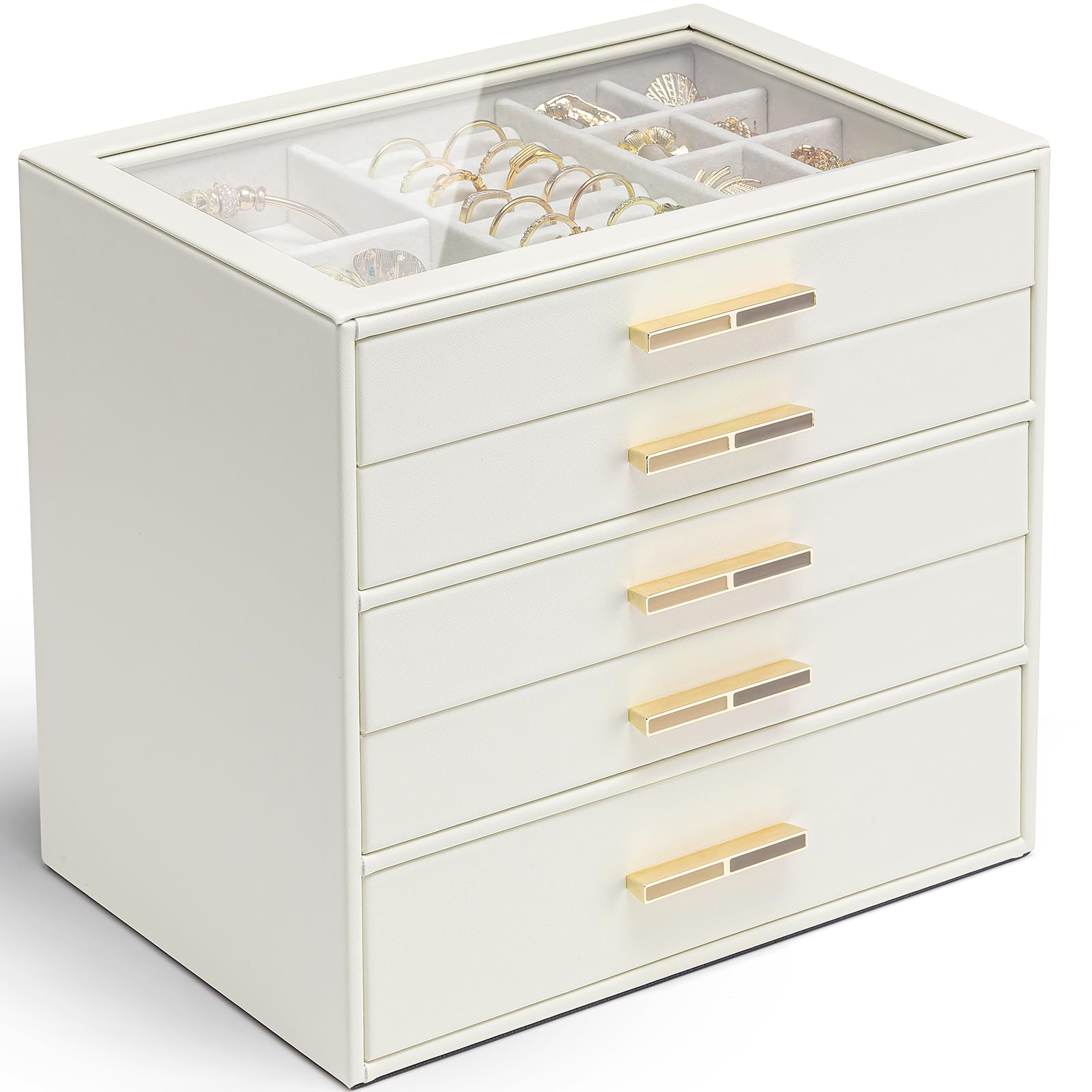 VLANDO 4 Layer Jewelry Box for Women, Glass Lid Jewelry Organizer with 4 Drawers for Necklaces Rings Earrings Bracelets - Cloud White
