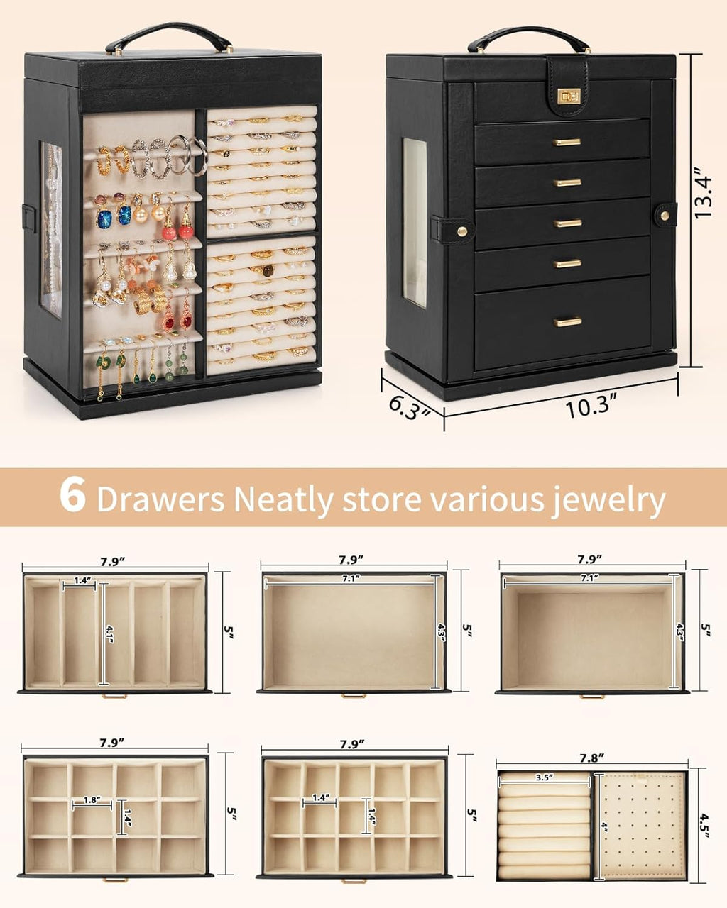 AKOZLIN Jewelry Box 6-Tier Organizer Functional 360° Rotating Jewelry Storage Case for Women Girls Ring Necklace Earring Bracelet Holder with Mirror