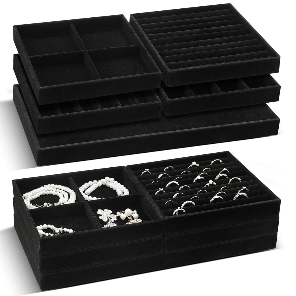 10 Pack 14 Inch Beige Velvet Stackable Jewelry Drawer Trays with Removable Dividers for Earrings Rings Necklaces Watches