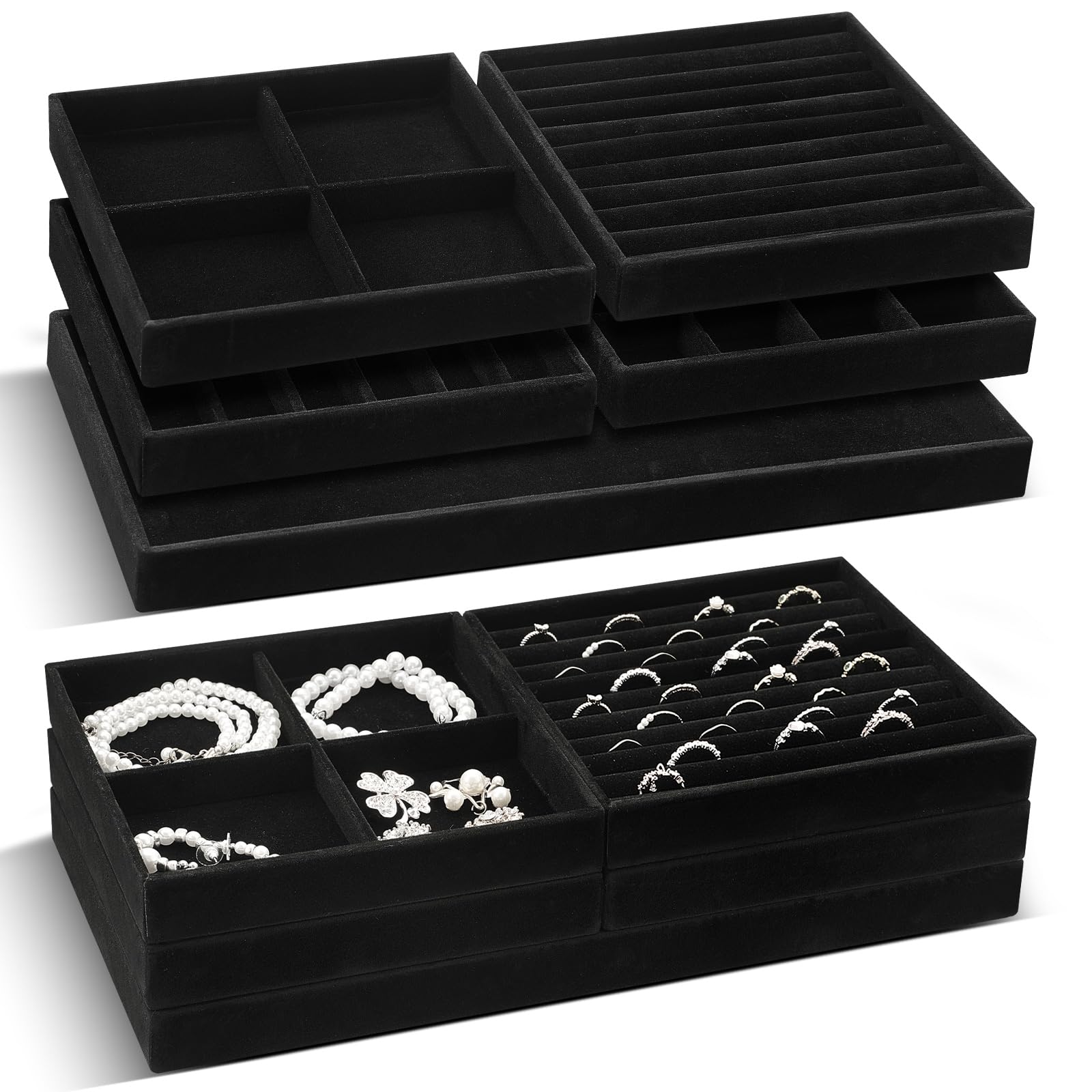 10 Pack 14 Inch Beige Velvet Stackable Jewelry Drawer Trays with Removable Dividers for Earrings Rings Necklaces Watches