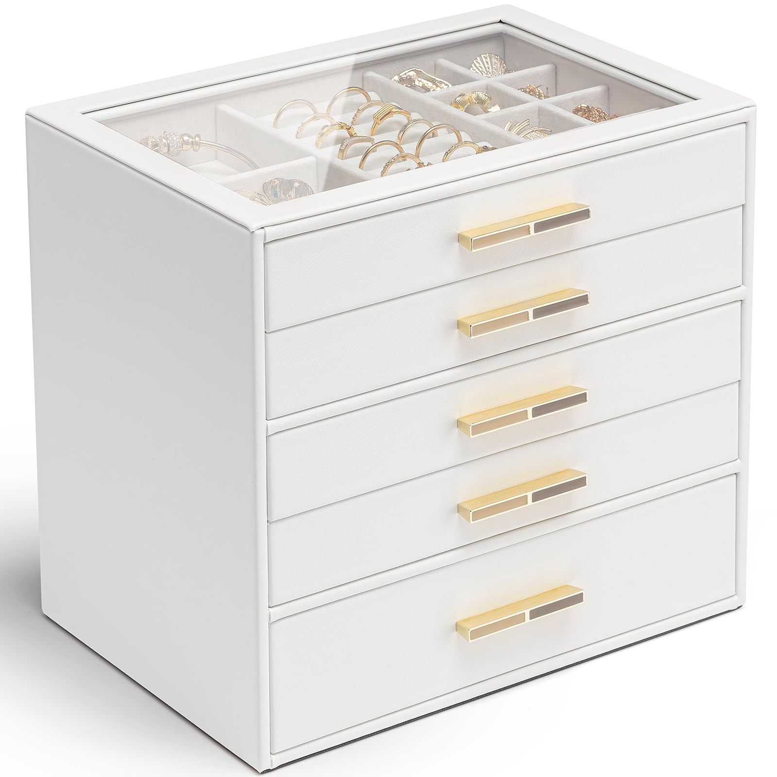 VLANDO 4 Layer Jewelry Box for Women, Glass Lid Jewelry Organizer with 4 Drawers for Necklaces Rings Earrings Bracelets - Cloud White