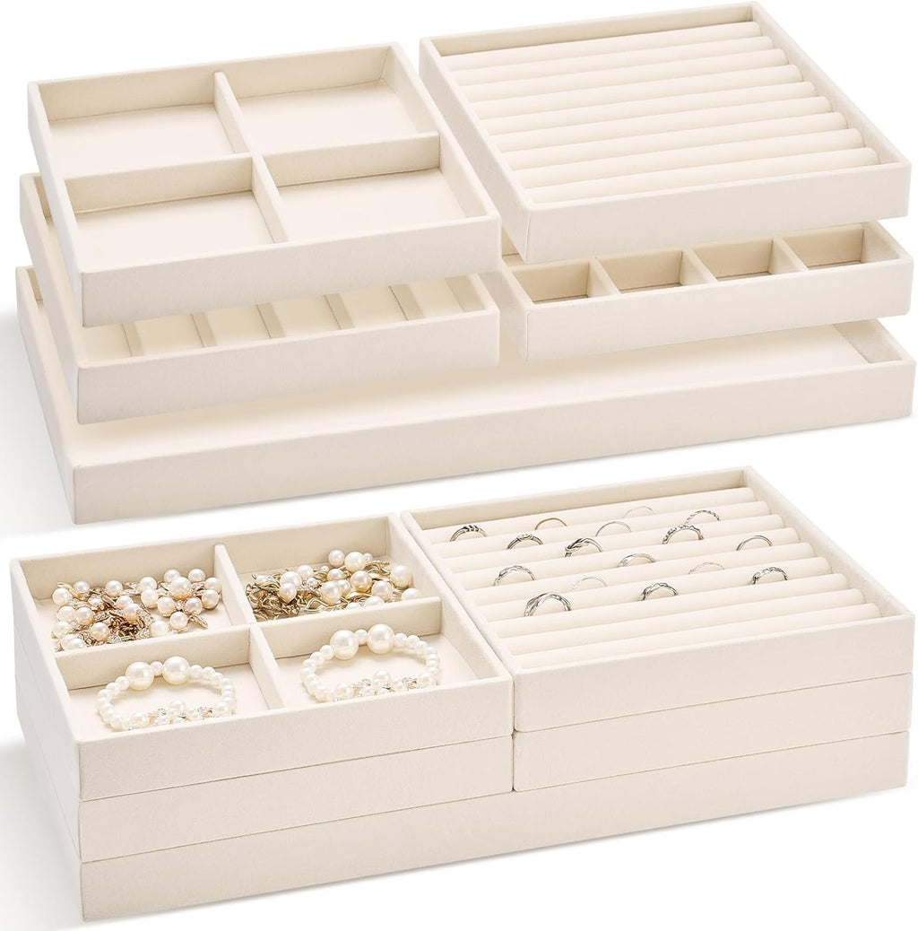 10 Pack 14 Inch Beige Velvet Stackable Jewelry Drawer Trays with Removable Dividers for Earrings Rings Necklaces Watches