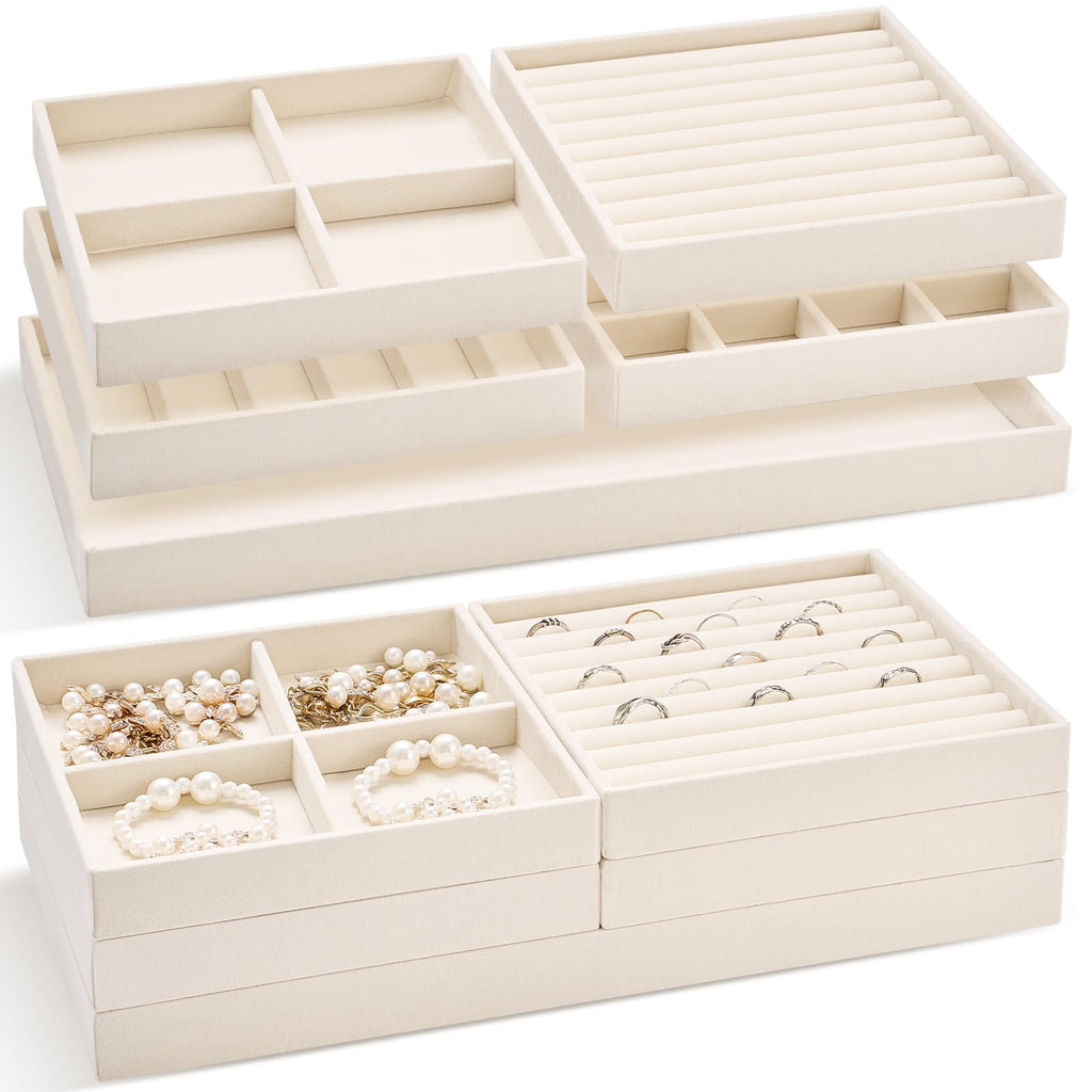 10 Pack 14 Inch Beige Velvet Stackable Jewelry Drawer Trays with Removable Dividers for Earrings Rings Necklaces Watches