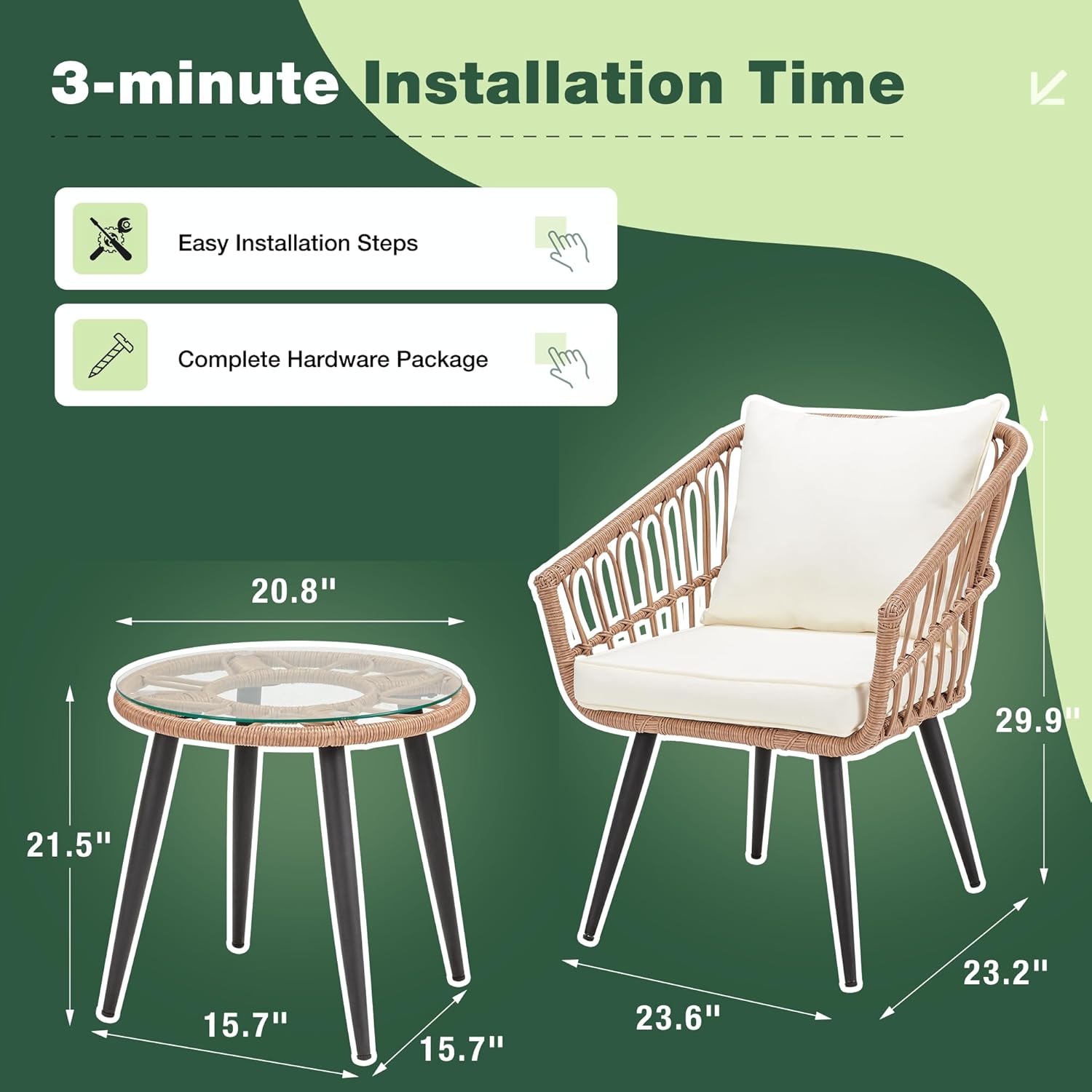 ECOTOUGE 3 Piece Wicker Patio Bistro Set, Outdoor Rattan Dining Set with Glass Top Table, Chairs, and Cushions, All-Weather Conversation Furniture Sets for Porch Backyard Lawn Poolside, Beige