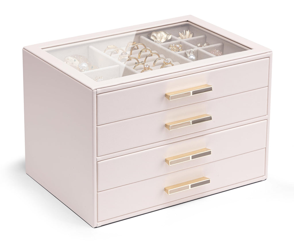 VLANDO 4 Layer Jewelry Box for Women, Glass Lid Jewelry Organizer with 4 Drawers for Necklaces Rings Earrings Bracelets - Cloud White