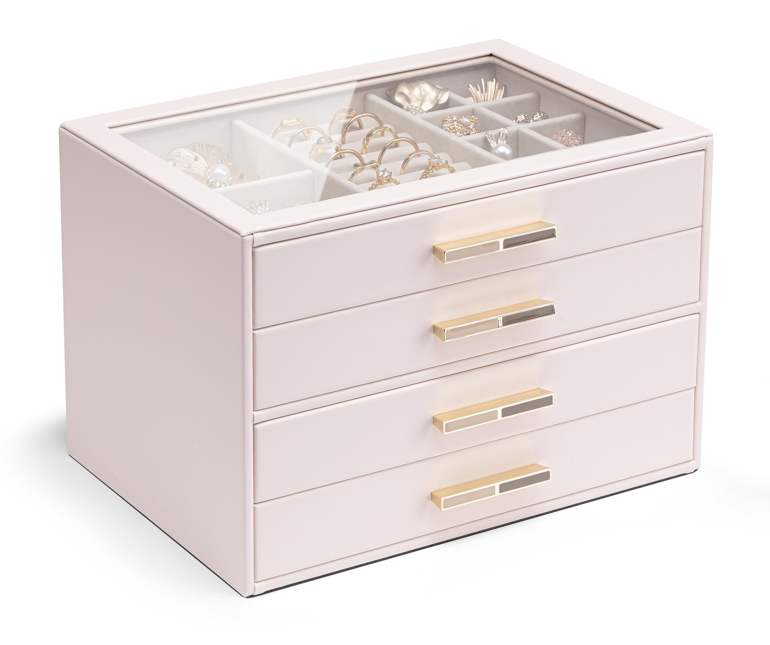 VLANDO 4 Layer Jewelry Box for Women, Glass Lid Jewelry Organizer with 4 Drawers for Necklaces Rings Earrings Bracelets - Cloud White
