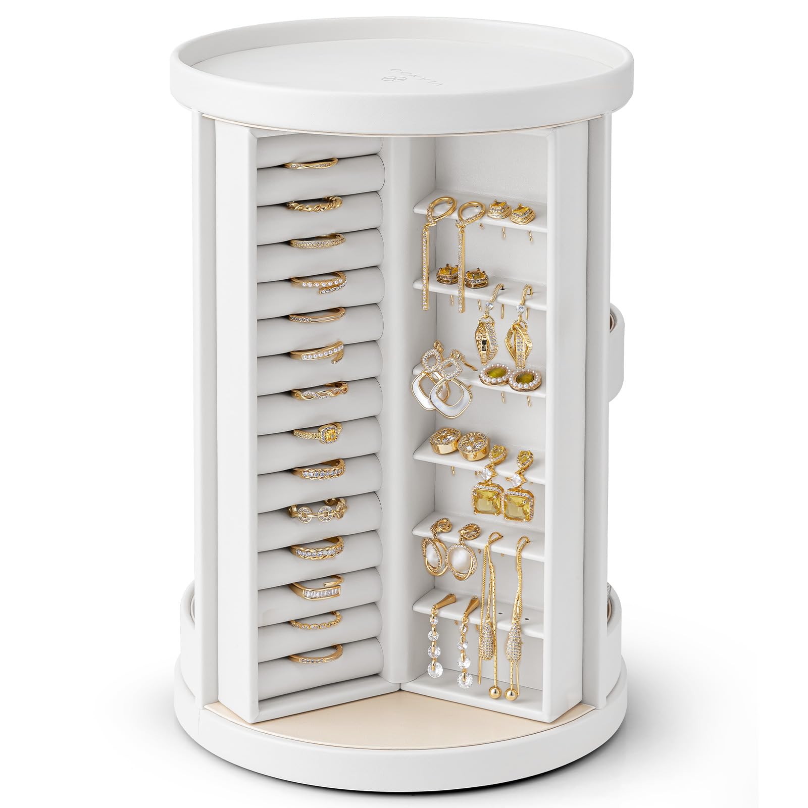 VLANDO 360ｰ Rotating Jewelry Box with 5 Drawers, Large Jewelry Storage with 2 Glass Window, PU Leather Jewelry Organizer for Bracelets, Necklaces, Earrings, Rings - Cloud White