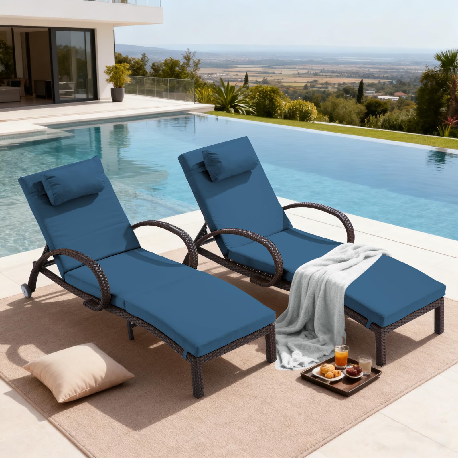 Pool Outdoor Lounge Chairs Set of 2,Outdoor Chaise Lounge w/ 5 Adjustable Back,Wicker Patio Pool Lounge Chair with Wheels for Poolside Deck Lawn,Khaki