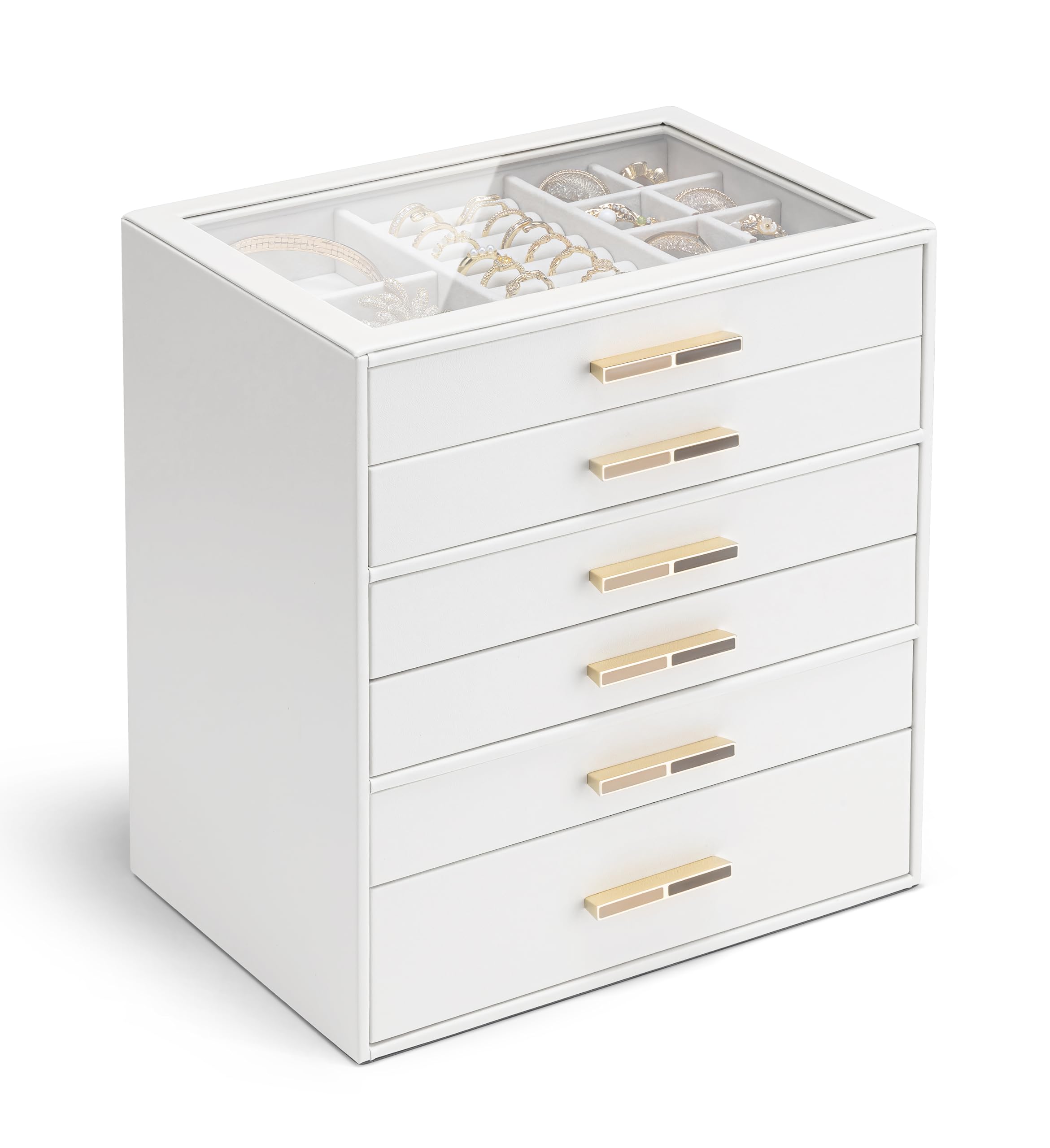 VLANDO 4 Layer Jewelry Box for Women, Glass Lid Jewelry Organizer with 4 Drawers for Necklaces Rings Earrings Bracelets - Cloud White