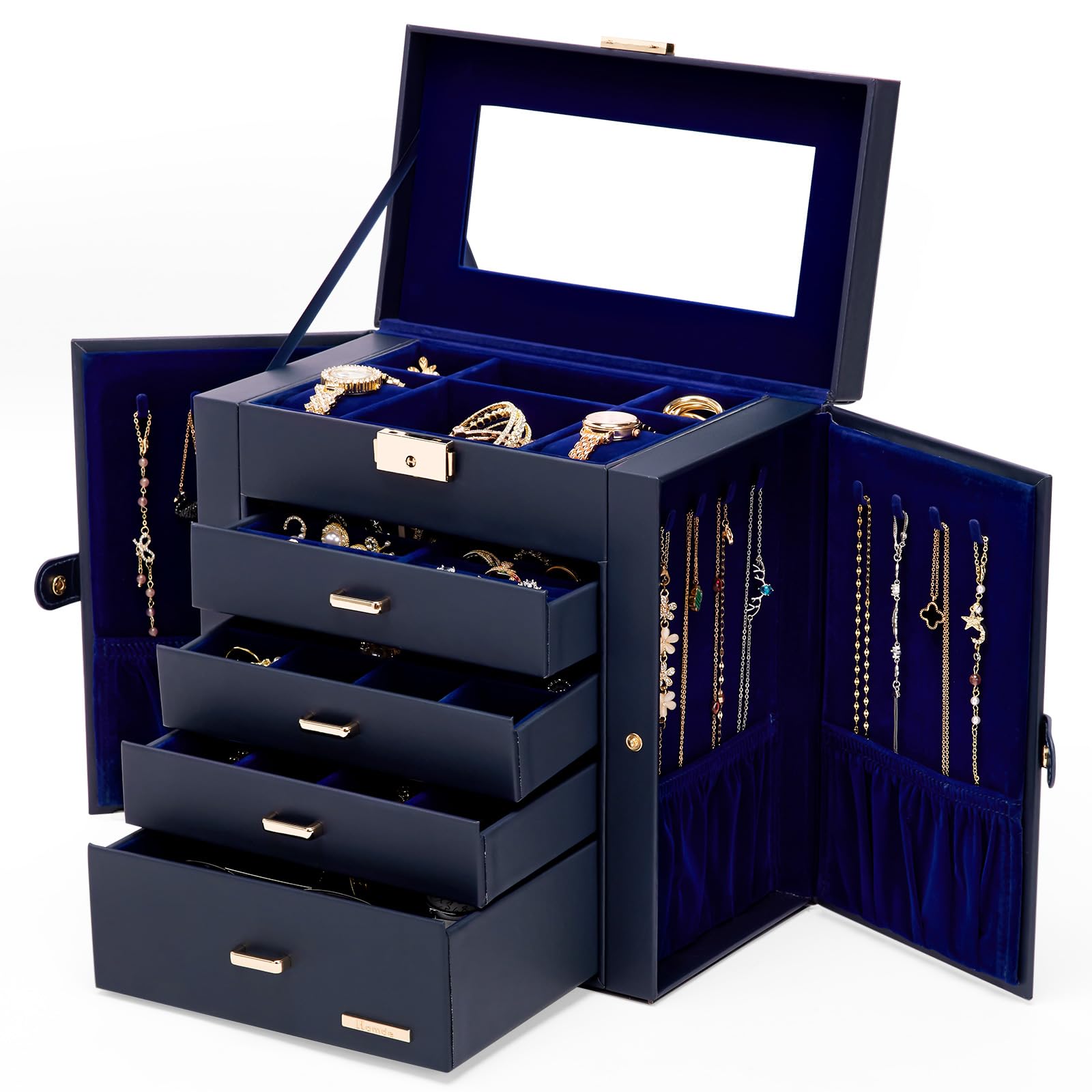 Homde Synthetic Leather Huge Jewelry Box Mirrored Watch Organizer Necklace Ring Earring Storage Lockable Gift Case (White + Gold)
