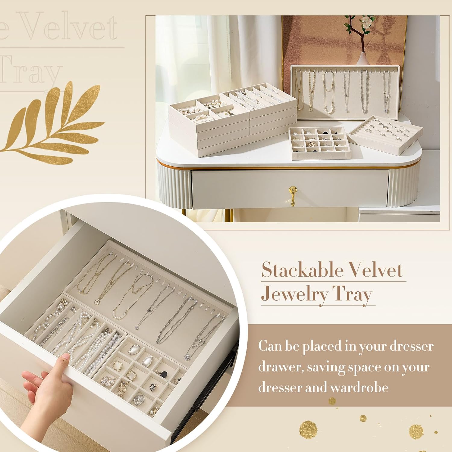 10 Pack 14 Inch Beige Velvet Stackable Jewelry Drawer Trays with Removable Dividers for Earrings Rings Necklaces Watches