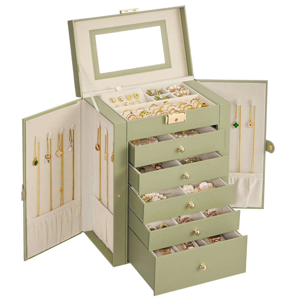 SONGMICS 6-Layer Jewelry Box Organizer with 5 Drawers, Jewelry Storage Case with Lock and Mirror, Large Storage Capacity, Gift for Loved Ones, for Necklaces, Watches, White UJBC152W01