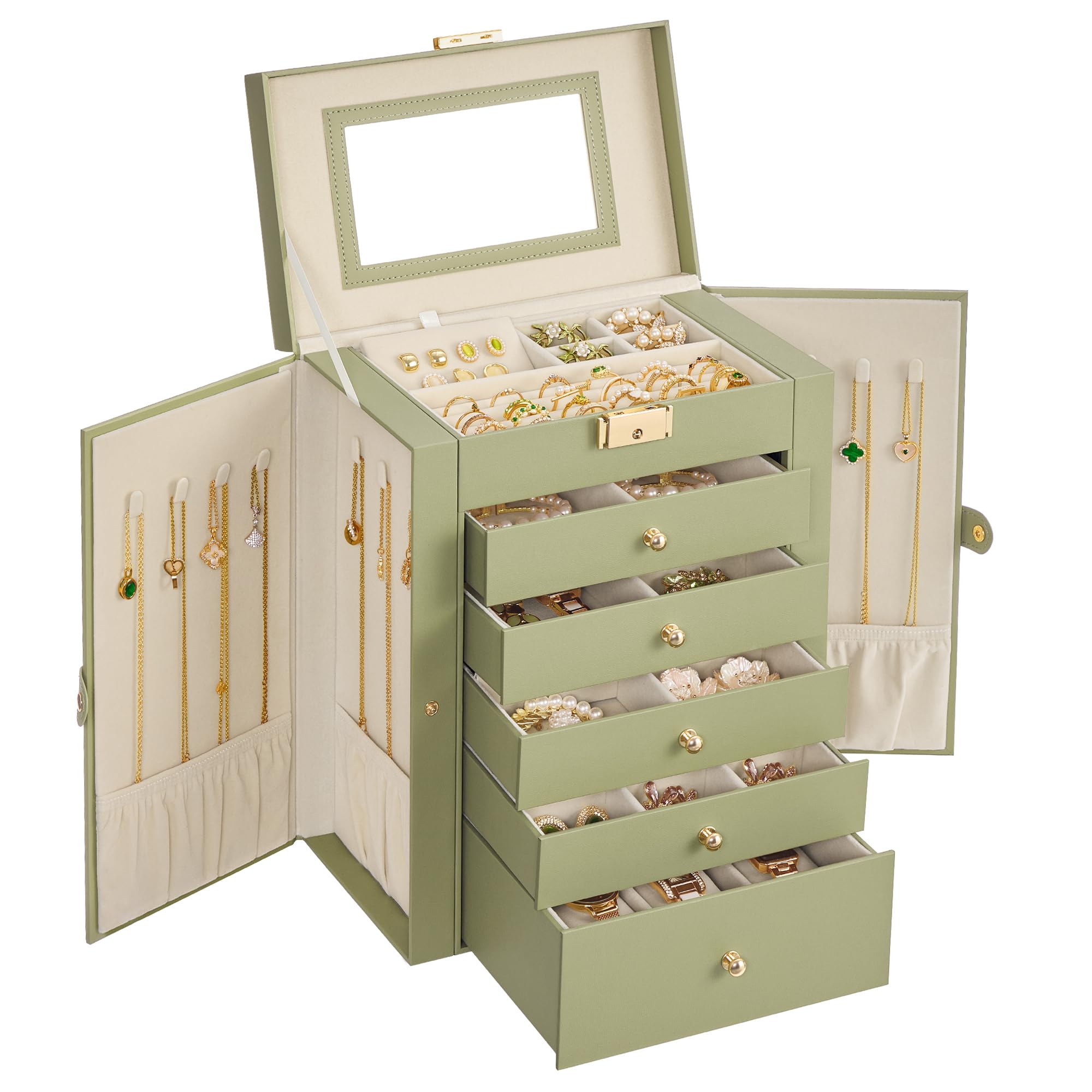 SONGMICS 6-Layer Jewelry Box Organizer with 5 Drawers, Jewelry Storage Case with Lock and Mirror, Large Storage Capacity, Gift for Loved Ones, for Necklaces, Watches, White UJBC152W01