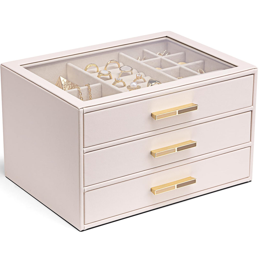 VLANDO 4 Layer Jewelry Box for Women, Glass Lid Jewelry Organizer with 4 Drawers for Necklaces Rings Earrings Bracelets - Cloud White